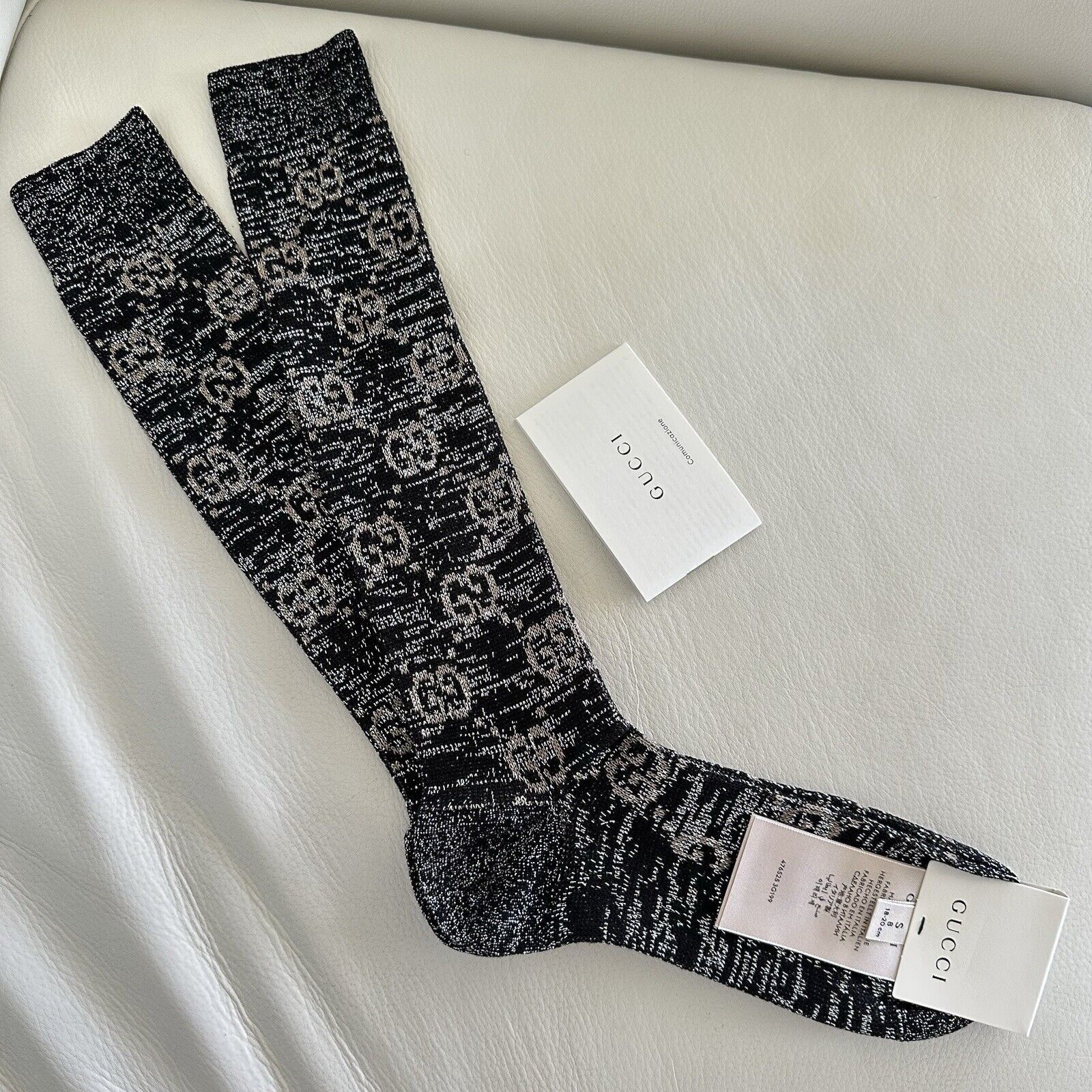 Gucci NEW GUCCI SOCKS LUREX BLACK SILVER GG PRINT LOGO Knee Sz S Size ONE SIZE - 3 Thumbnail