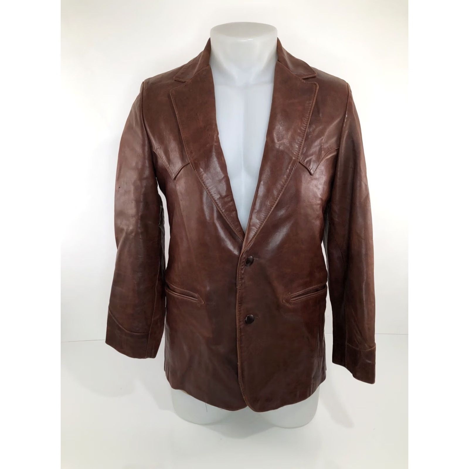Vintage LUSKEY'S WESTERN STORES Vintage LEATHER Mens 38 Cowboy Blazer Brown Western Theme Jacket Size 38R - 2 Thumbnail