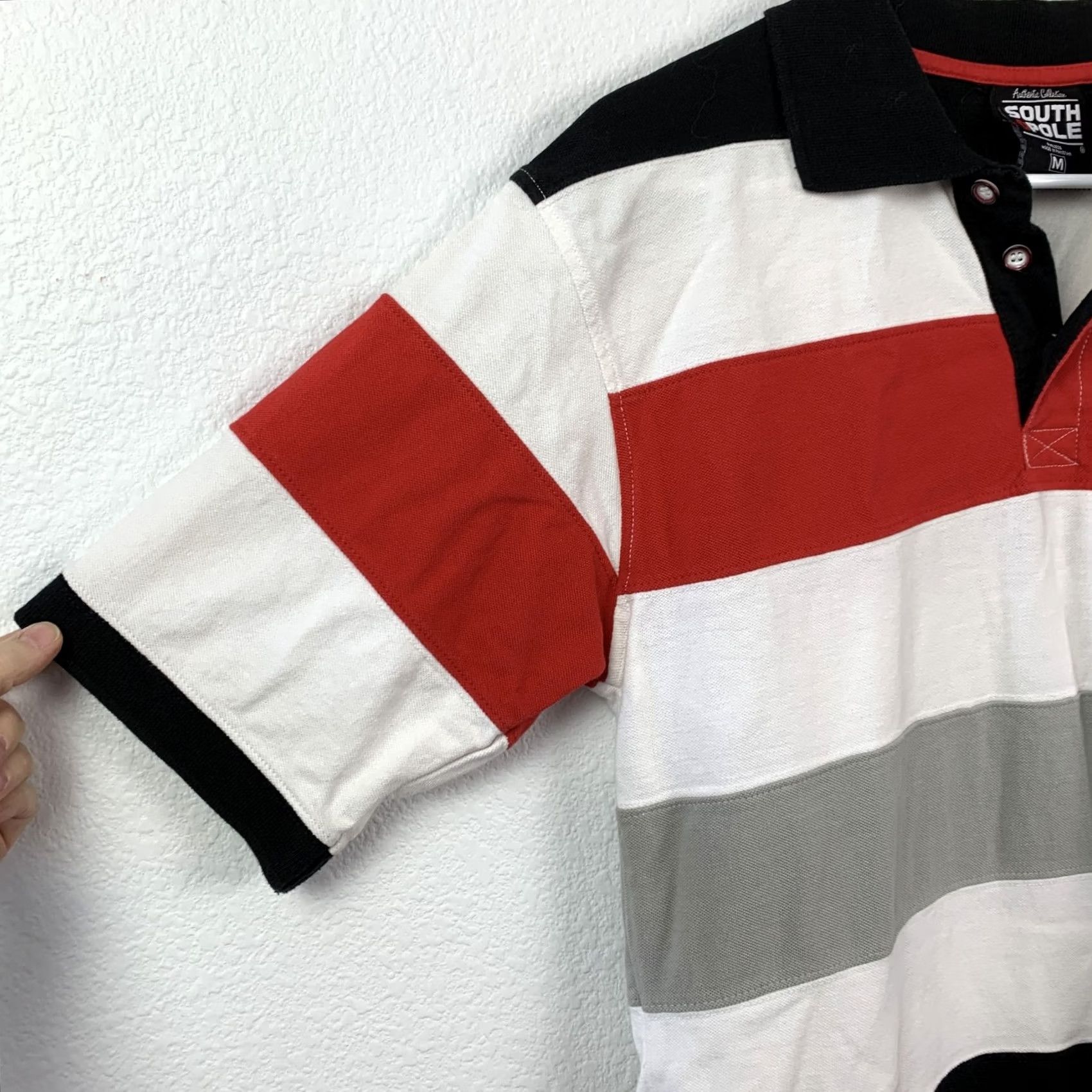 Southpole VINTAGE Southpole Polo Shirt Striped Short Sleeve Button M Black Red White Mens Polo Shirt, Casual, Cotton, 40 Chest, 29 Length, Breathable Size US M / EU 48-50 / 2 - 2 Thumbnail