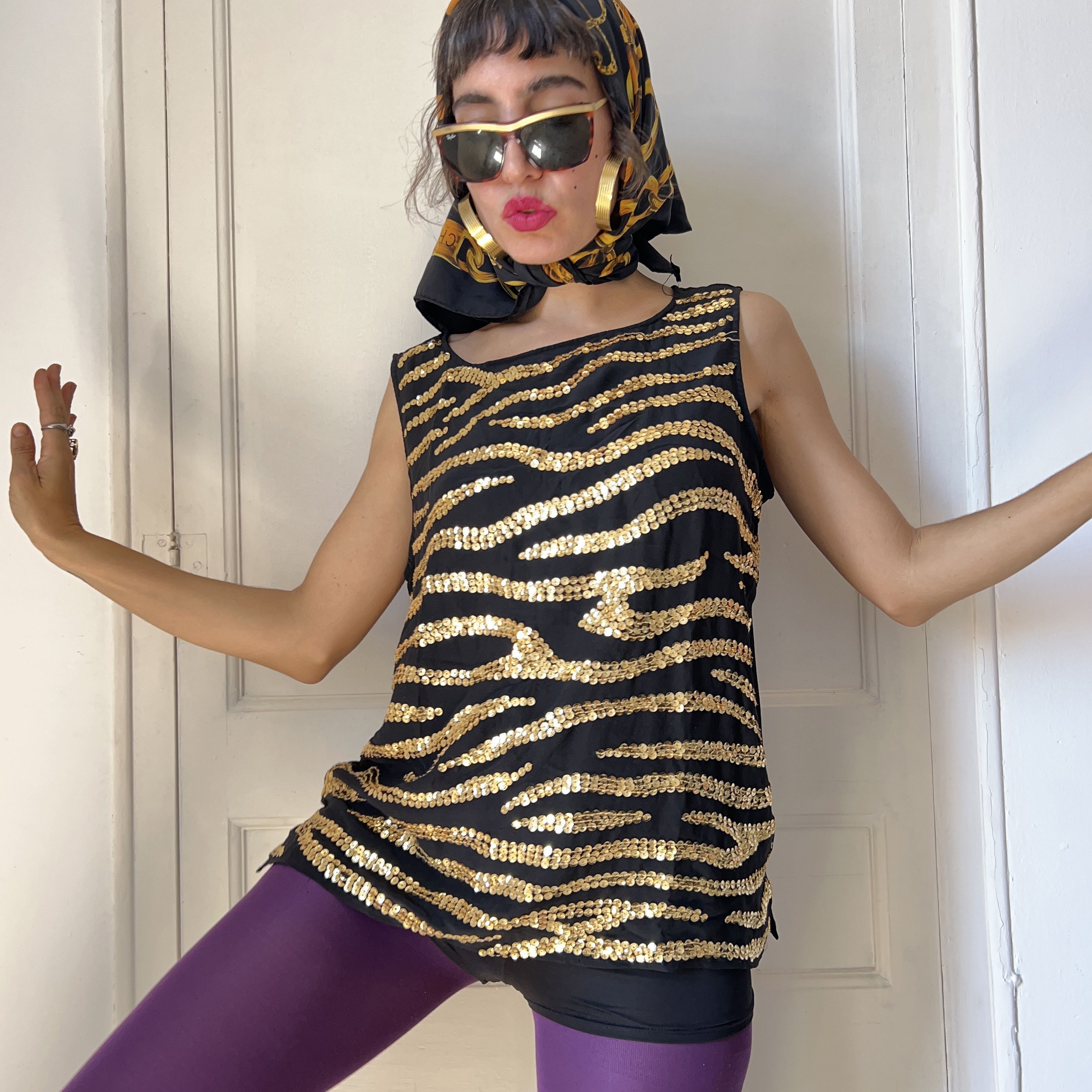 Vintage Vintage Silk Sequin Top, Black Gold Zebra Print Size L / US 10 / IT 46 - 1 Thumbnail