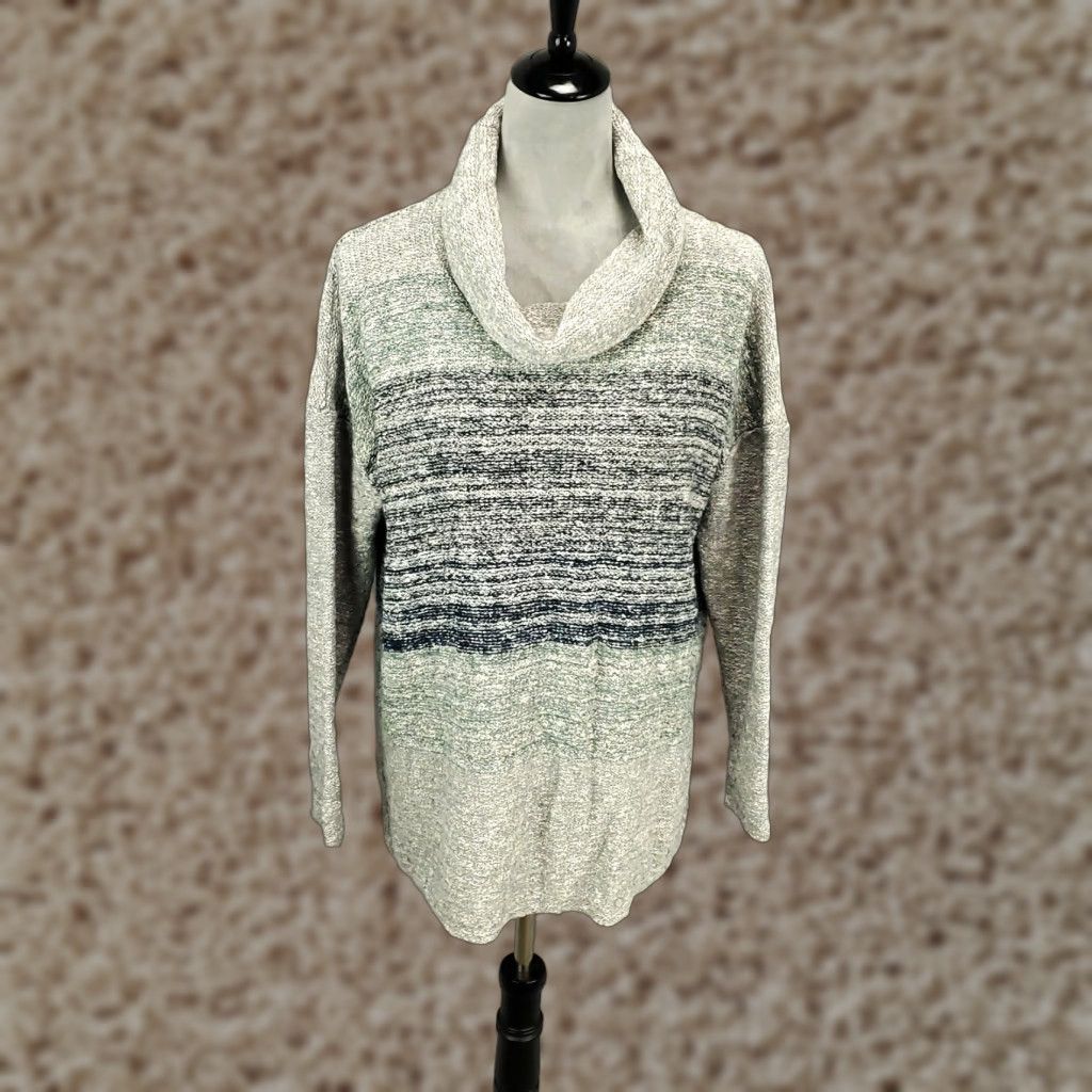 J. Jill J. Jill Sweater Women's Medium Gray Blue Striped Cowl Neck Knit Pullover Size M / US 6-8 / IT 42-44 - 1 Thumbnail