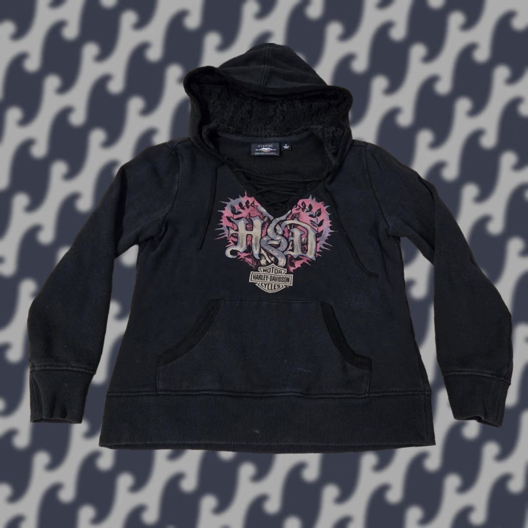 Harley Davidson Harley-Davidson Hoodie Womens Medium Black Lace Up Pullover Pink Heart Graphic Size M / US 6-8 / IT 42-44 - 1 Thumbnail