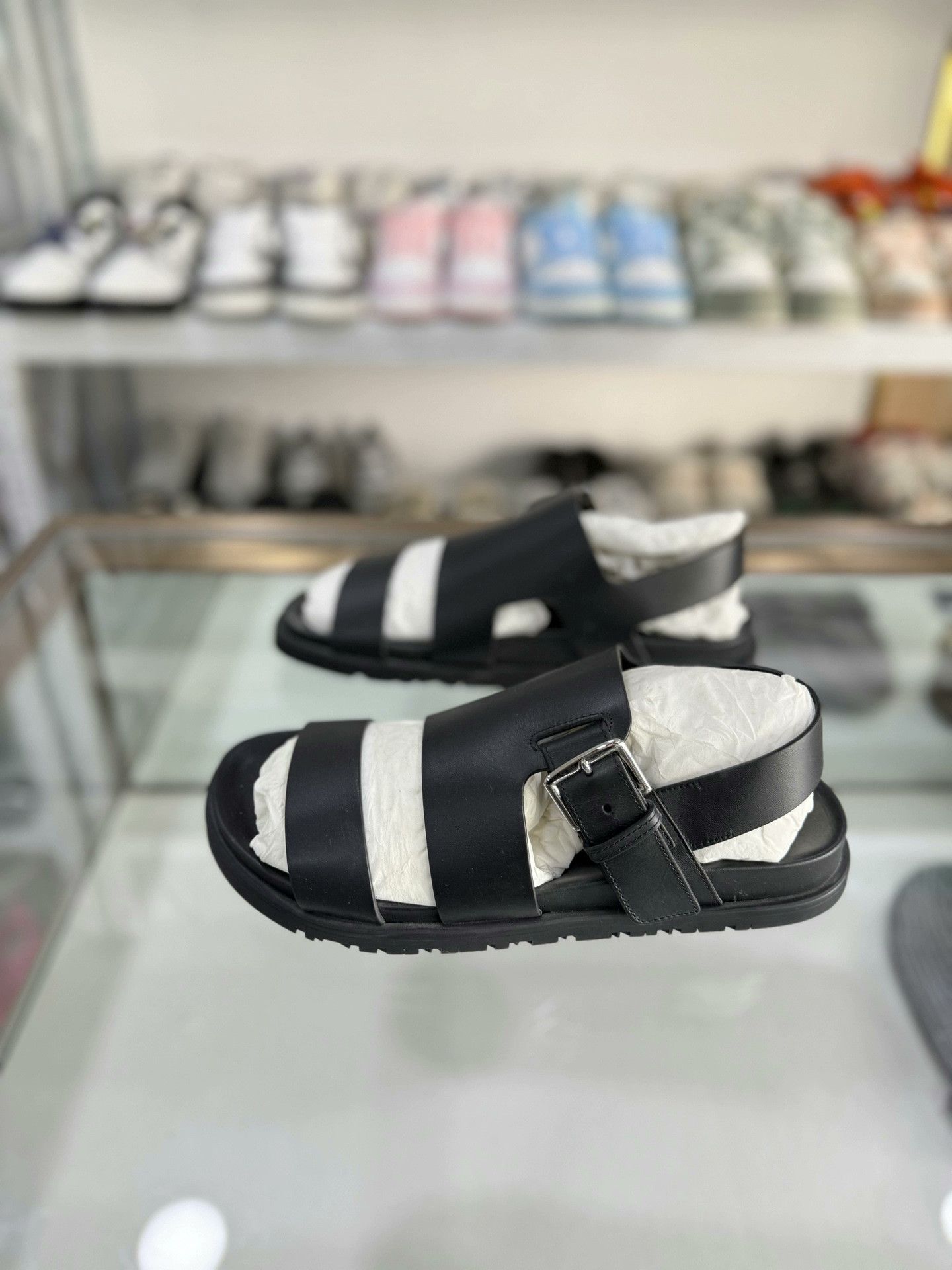 Hermes Black Leather Slipper Sandals 41