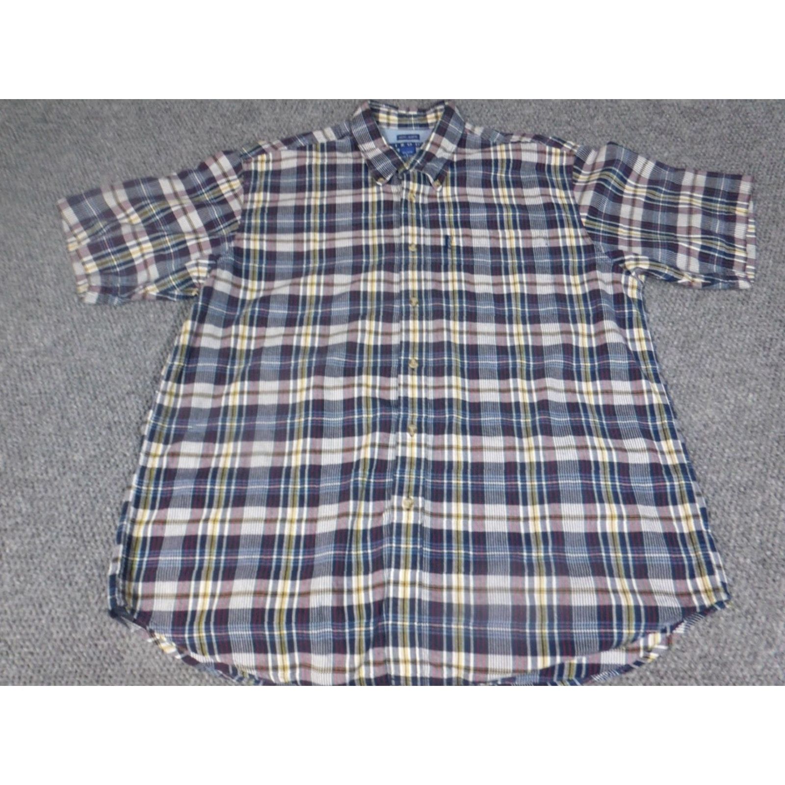 Izod IZOD Shirt Button-Up Mens Large Blue Plaid Short Sleeve Classic Collar Down Casual Regular Button-Navy Blue, Cotton, Knit, Breathable, Vintage: No Size US L / EU 52-54 / 3 - 2 Thumbnail