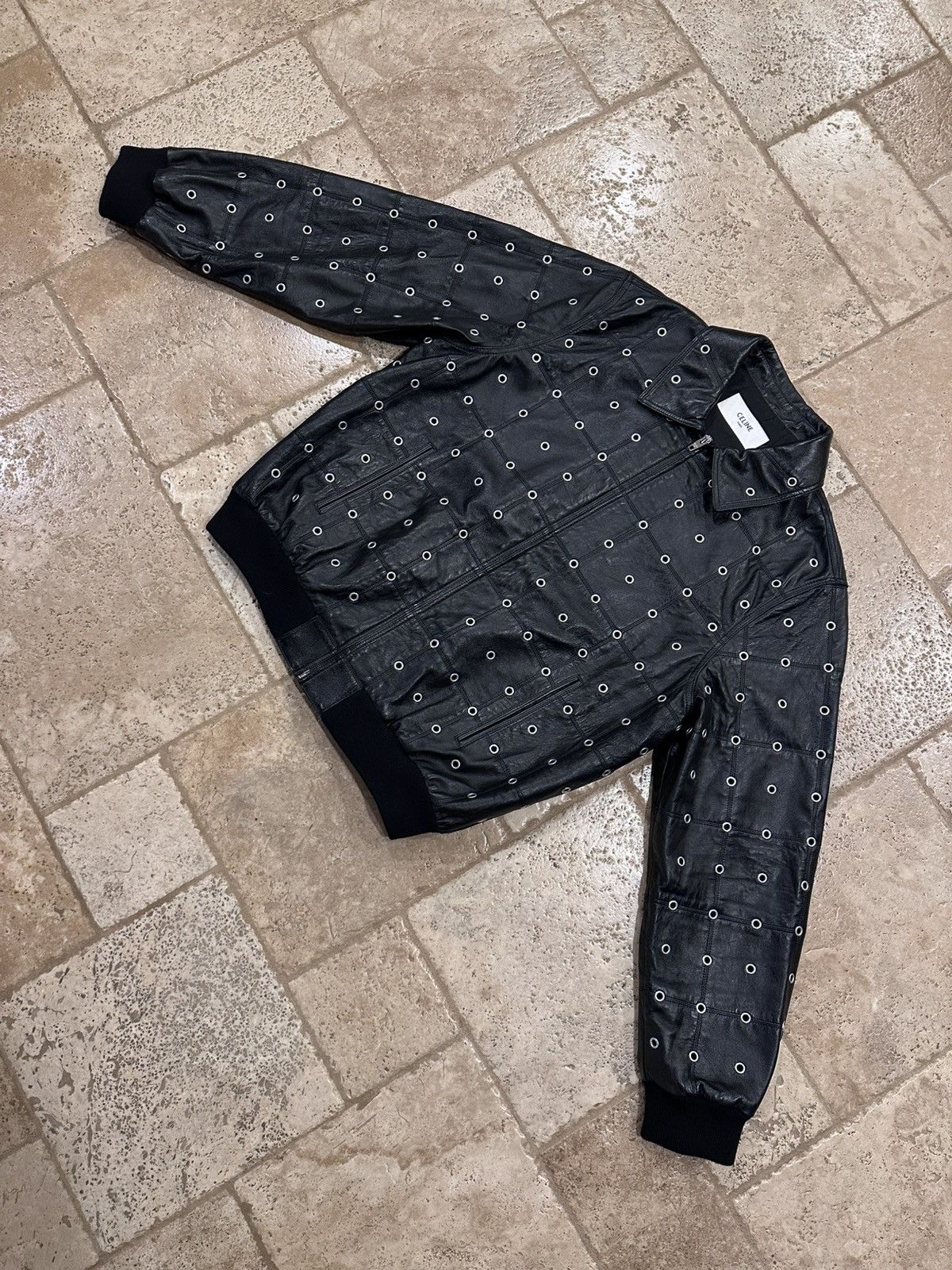 Celine × Hedi Slimane Celine x Hedi FW22 Leather Eyelet Cut-Out Stud Patch Jacket Size US L / EU 52-54 / 3 - 4 Thumbnail