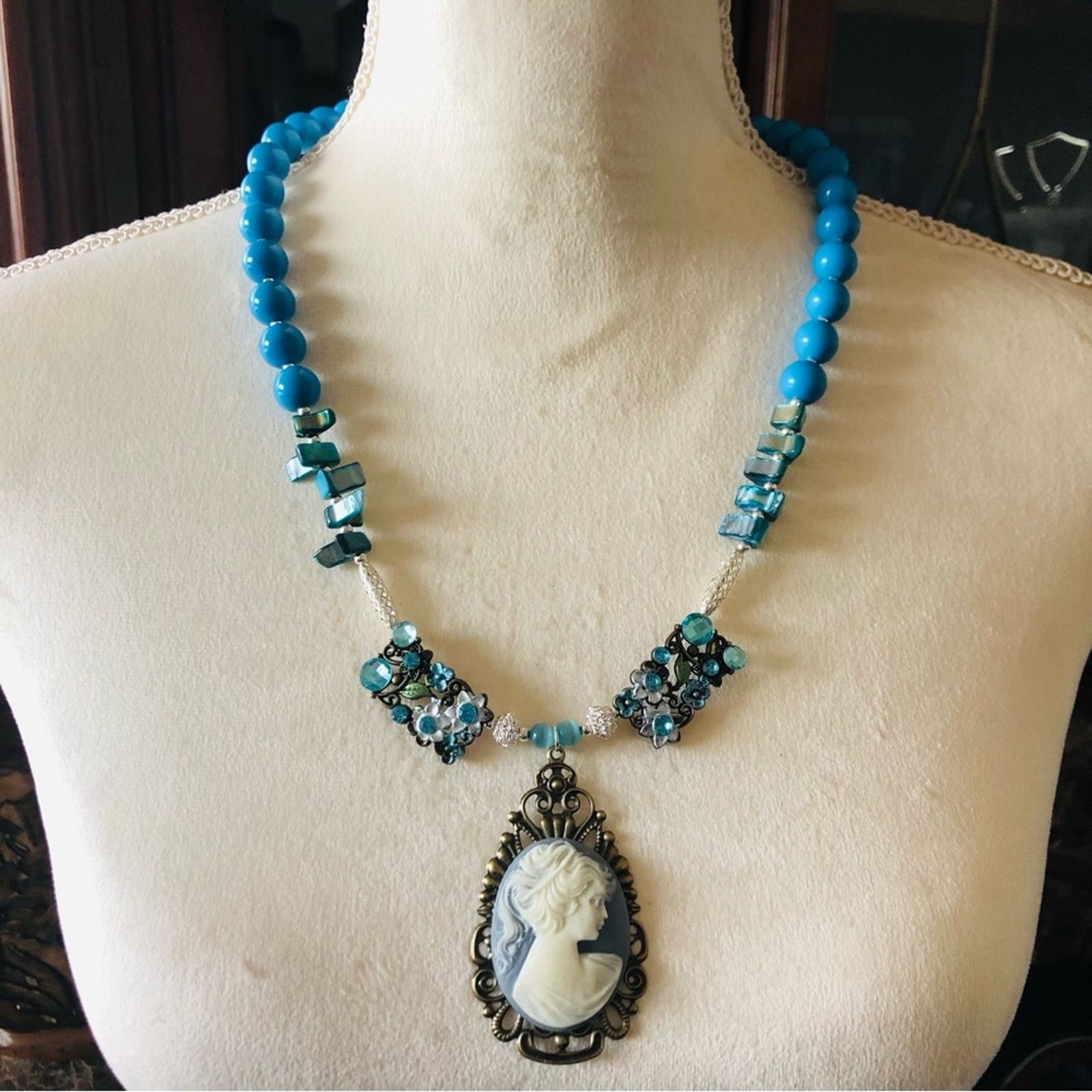 Handmade Handcrafted lady in blue mixed bead filigree cameo necklac Size ONE SIZE - 2 Thumbnail