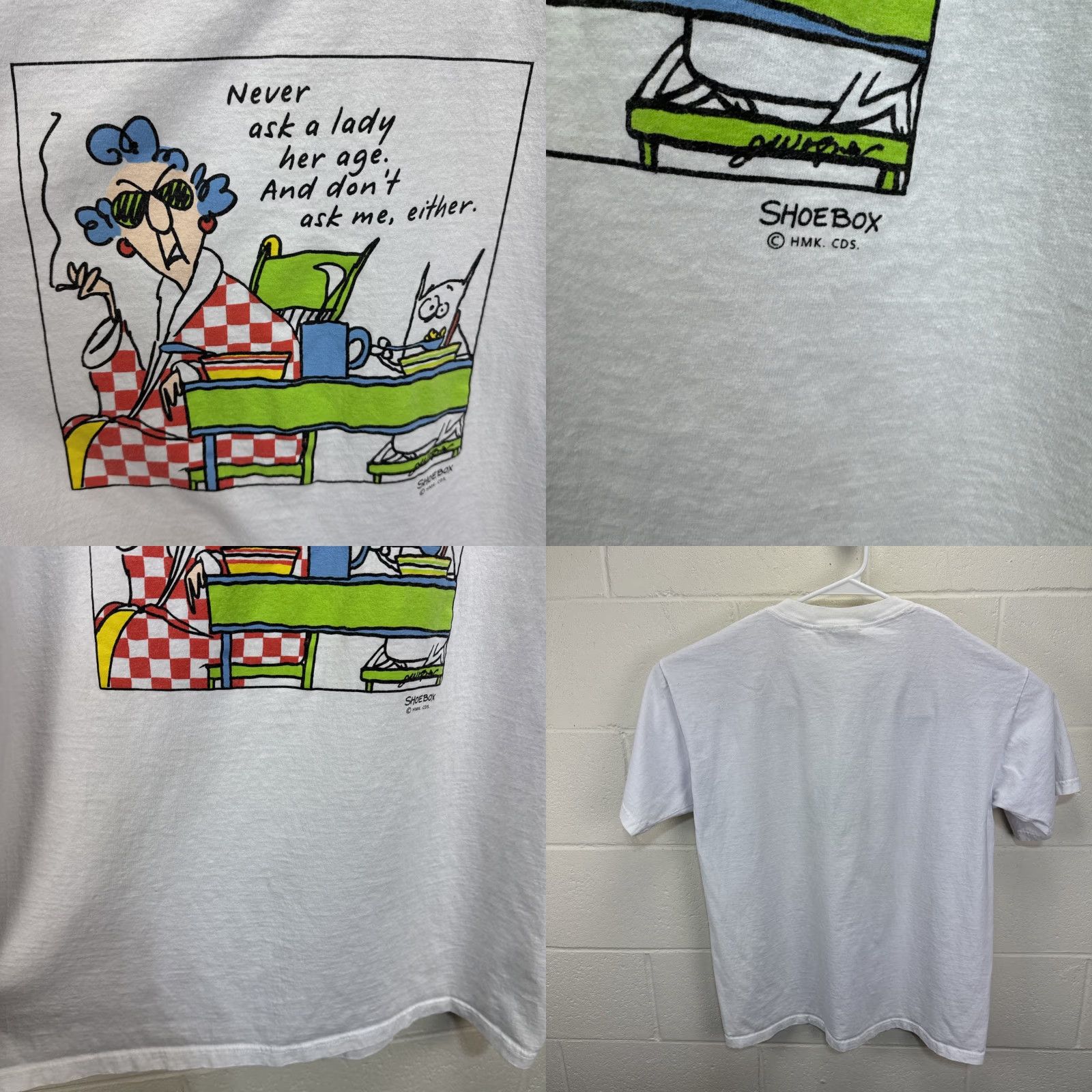 Vintage VINTAGE shoebox T-Shirt Men XL White 90s Funny Art Graphic Print Crew Neck Short Sleeve Logo Easy Care Machine Washable Size US XL / EU 56 / 4 - 8 Thumbnail