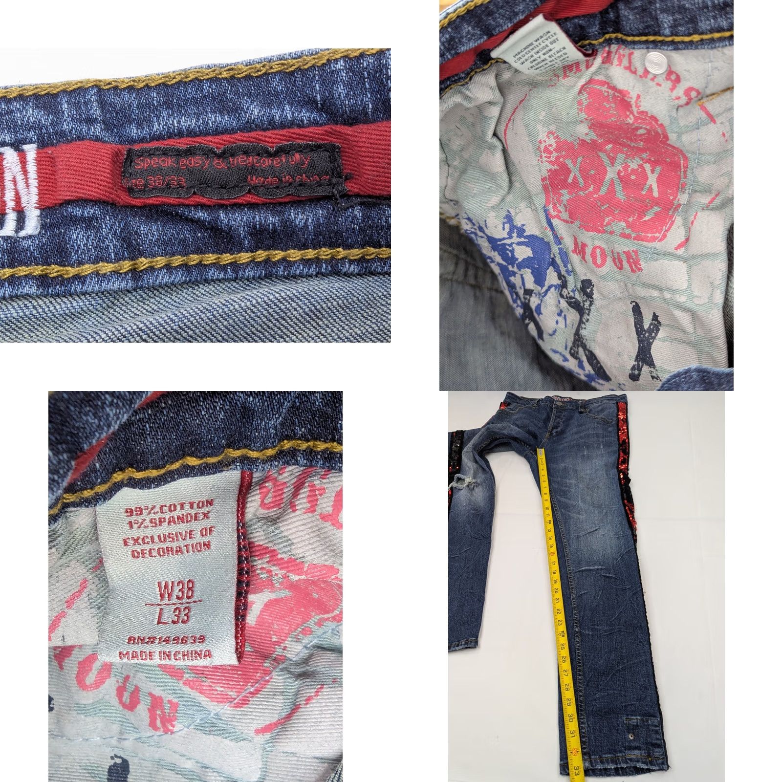 Vintage Smugglers Moon Jeans Distressed Skull Sequin 36x33 5-Pocket Denim Blue Men's Regular Hip Hop Rock Skull Size US 36 / EU 52 - 8 Thumbnail