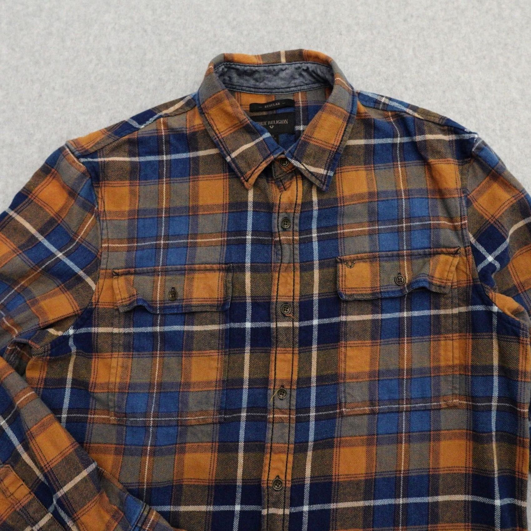 True Religion True Religion Mens Large (29X21) Plaid Button Up Long Sleeve Shirt Blue & Brown Size US L / EU 52-54 / 3 - 7 Thumbnail