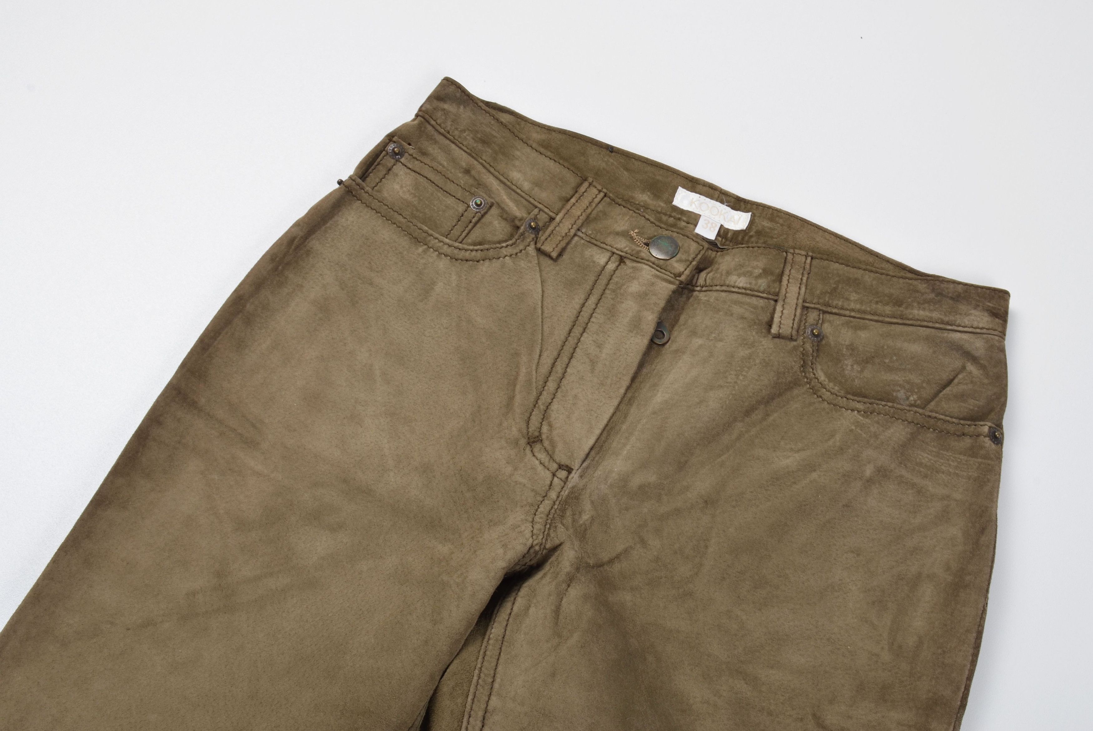 Other Vintage Kookai Y2K Genuine Leather Khaki Wide Leg Pants Size 26" / US 2 / IT 38 - 2 Thumbnail