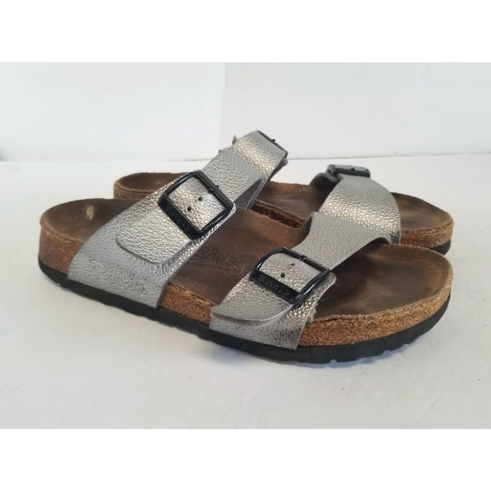 Birkenstock Birkenstock Sandals Birki's Womens 7 Silver Slip On Buckle Slide Shoes Leather Cork Rubber Flat Heel 1 in See All Pics Size US 7 / IT 37 - 2 Thumbnail