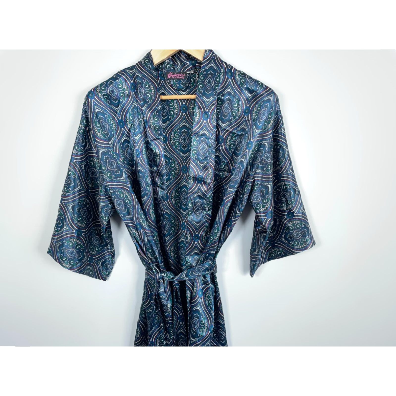 Vintage Frederick's of Hollywood Belted Robe One Size Blue Paisley Satin Kimono Retro Women’s Robe Belted Kimono Size ONE SIZE - 5 Thumbnail