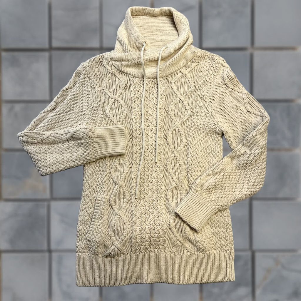 Vintage L.L. Bean Sweater Women Small Beige Signature Cotton Funnel Neck Cable Knit Pullover Regular Long Sleeve High Neck Fall Winter Spring Mens Womens Size S / US 4 / IT 40 - 1 Thumbnail