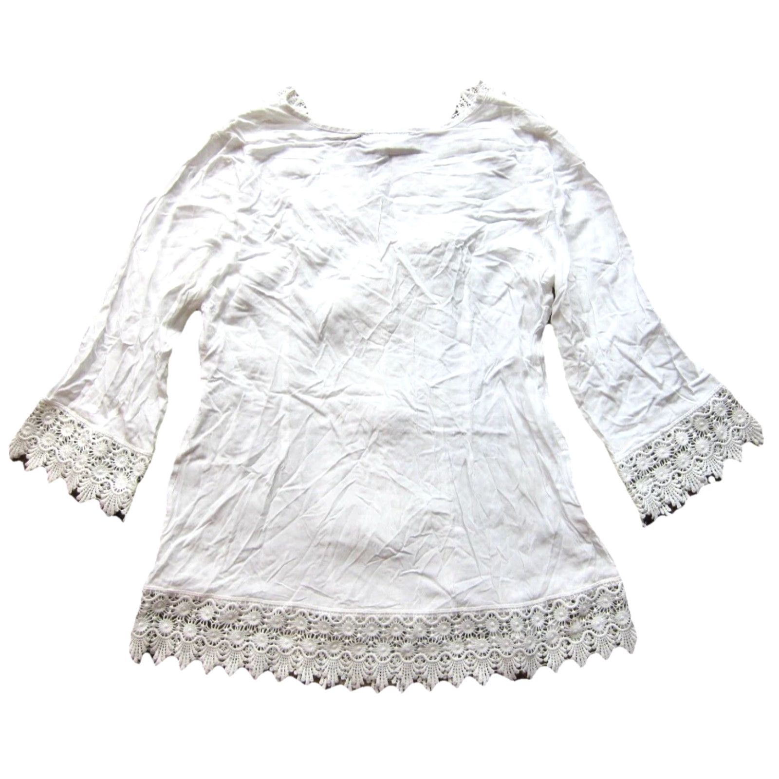 Vintage Solitaire 100% Rayon White Floral Embroidered 3/4 Sleeve Blouse L Size L / US 10 / IT 46 - 2 Thumbnail