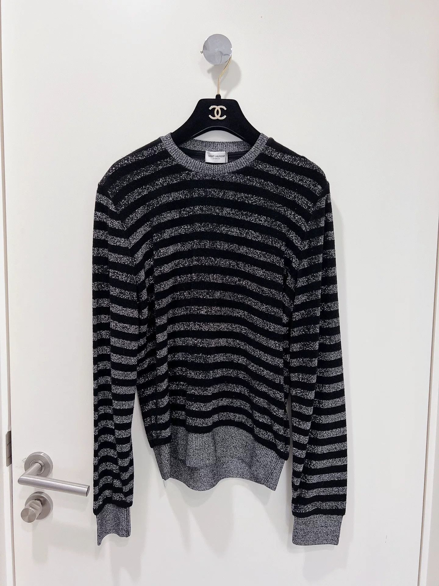 Saint Laurent Paris Saint Laurent Silver Black Striped Sweater Size S / US 4 / IT 40 - 1 Thumbnail
