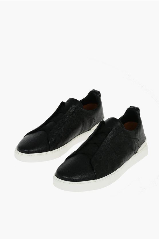 image of Ermenegildo Zegna Couture Textured Leather Triple Stitch Sneakers in Black, Men's (Size 11)