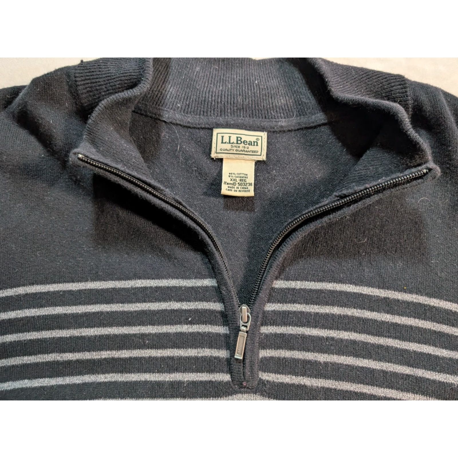 Vintage L.L. Bean Sweater Men 2XL Black Striped 1/4 Zip Cashmere Cotton Knit Mock Neck Mens Regular Big & Tall Fold Size US XXL / EU 58 / 5 - 4 Thumbnail