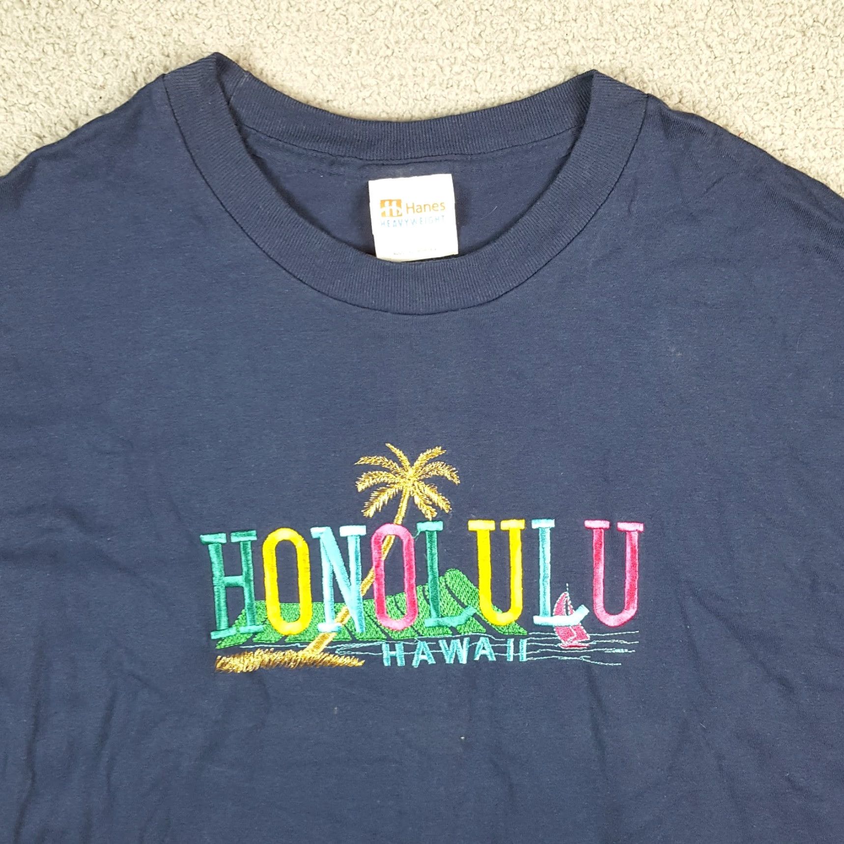 Hanes VINTAGE Honolulu Hawaii T Shirt XL Hanes Crew Neck Short Sleeve Blue 90s Rainbow Beach Palm Tree Size US XL / EU 56 / 4 - 2 Thumbnail