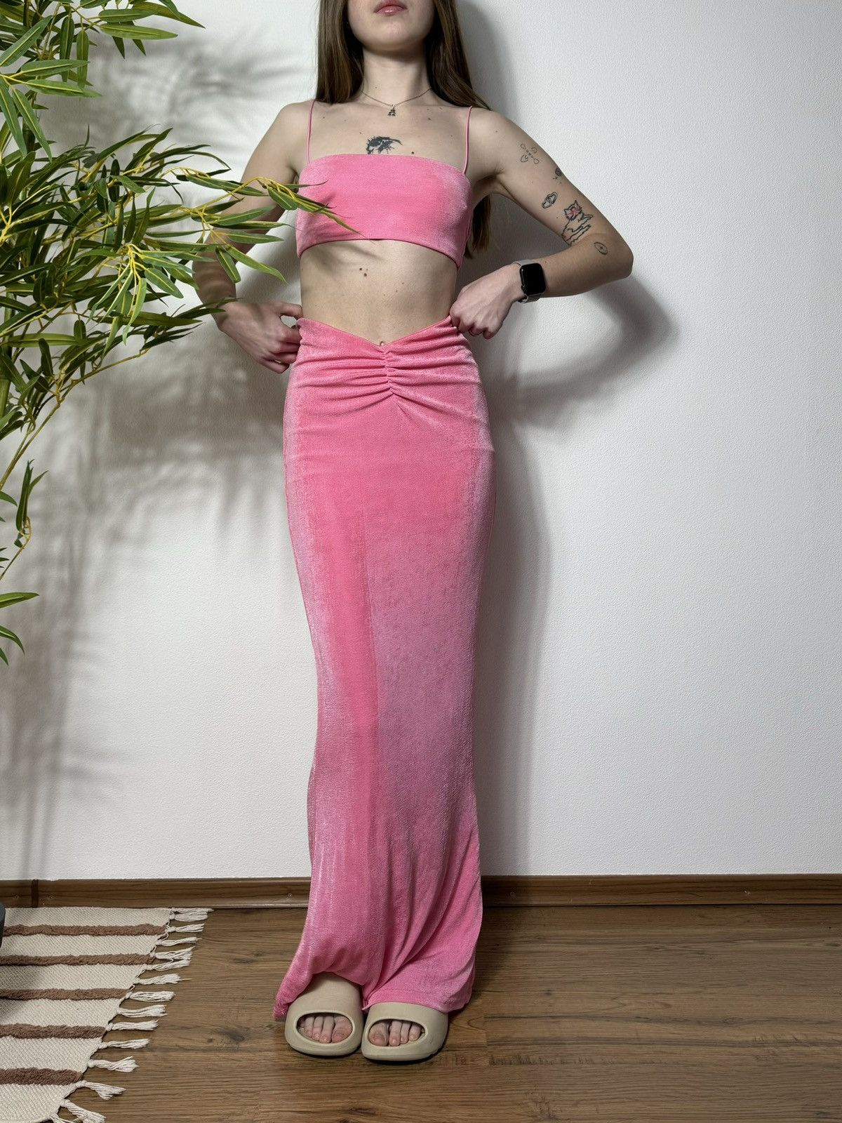 image of Avant Garde x Vintage Stretch Pink Y2K Top + Long Skirt Set Suit, Women's (Size XS)