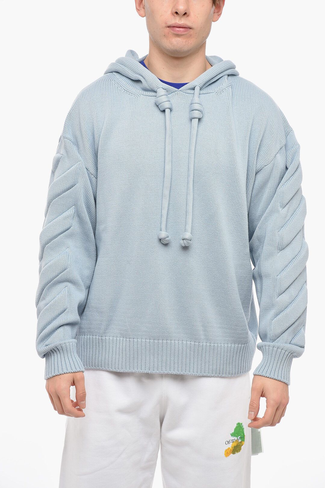 image of Off White Og1Mm0424 Cotton 3D Diag Knitted Hoodie In Light Blue, Men's (Size Small)
