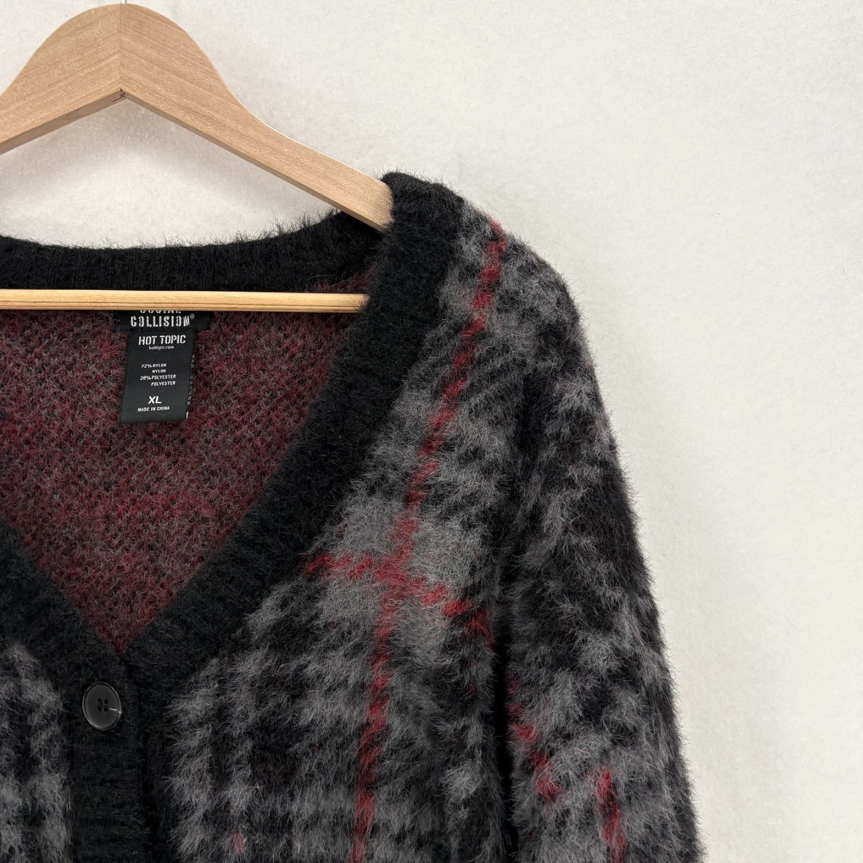 Vintage Social Collision Cardigan Sweater Womens XL Gray Plaid Gothic Cropped Sleeve Long Knit V-Neck Button Fall Winter Maglione Size XL / US 12-14 / IT 48-50 - 2 Thumbnail