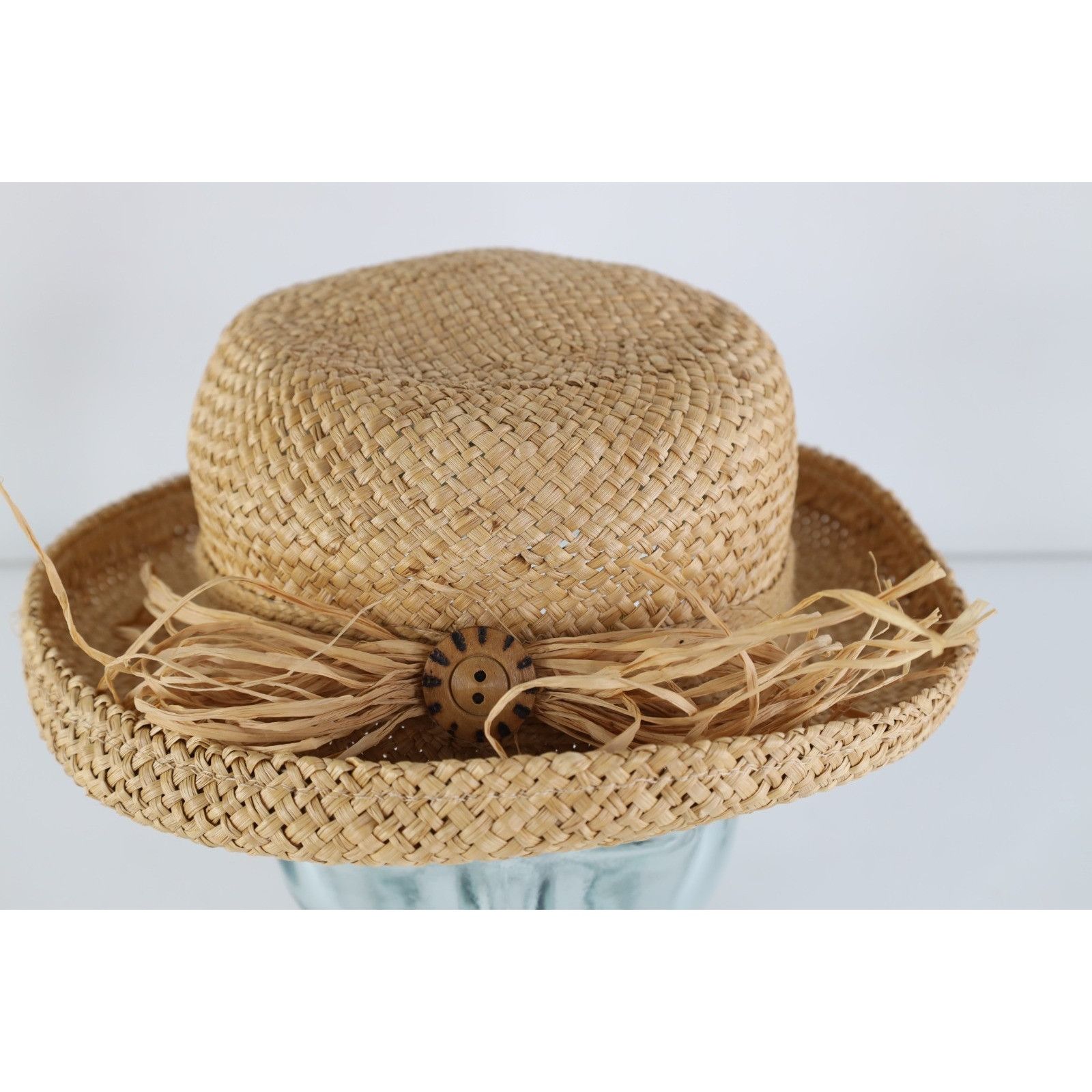 Vintage Vintage 90s Boho Chic Wood Button Raffia Tie Straw Sun Hat Size ONE SIZE - 1 Thumbnail