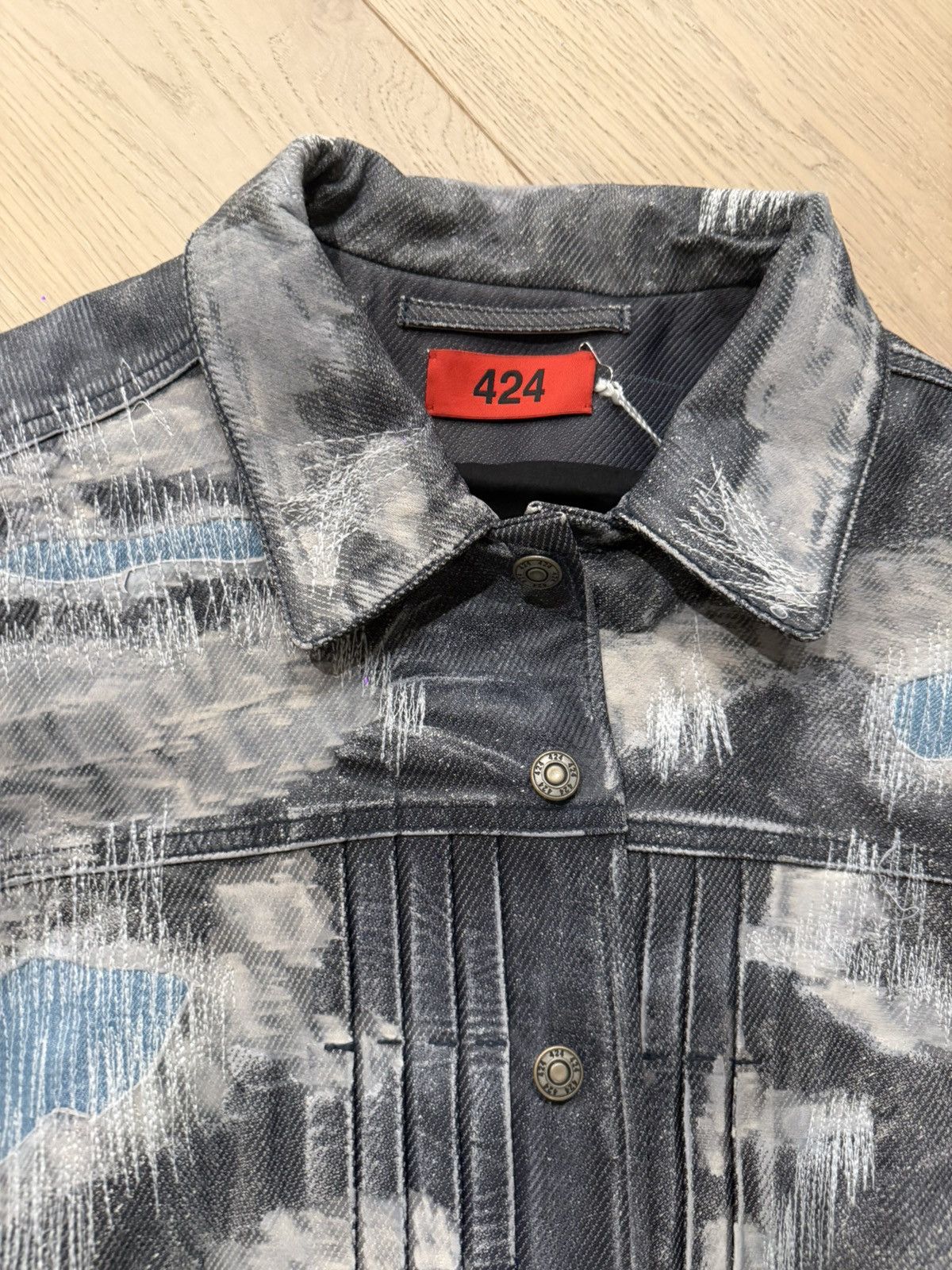 424 Men's Gray Denim-Effect Trucker Leather Jacket Size US M / EU 48-50 / 2 - 3 Thumbnail