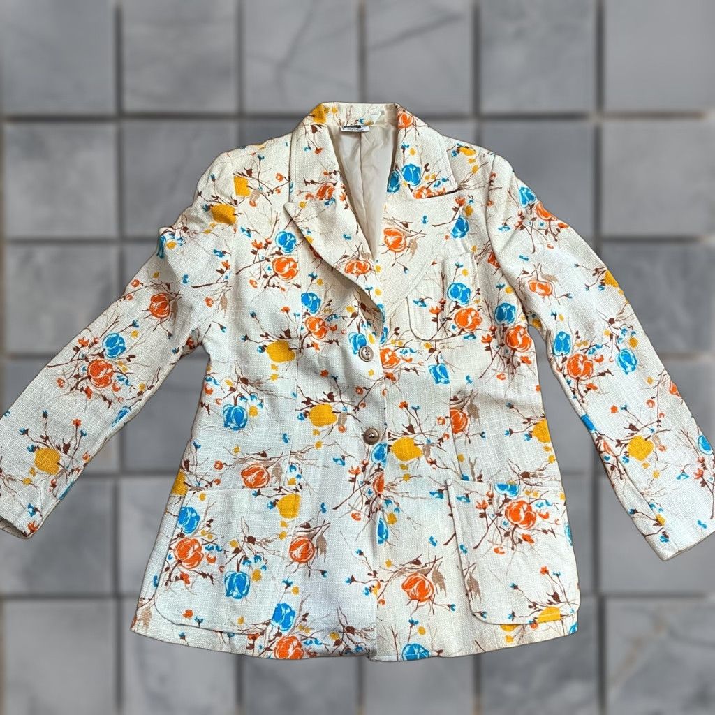 Vintage VINTAGE Montgomery Ward Linen Floral Jacket Blazer Womens 14 Blazer Beige 60s Womens 14 Size XL / US 12-14 / IT 48-50 - 1 Thumbnail