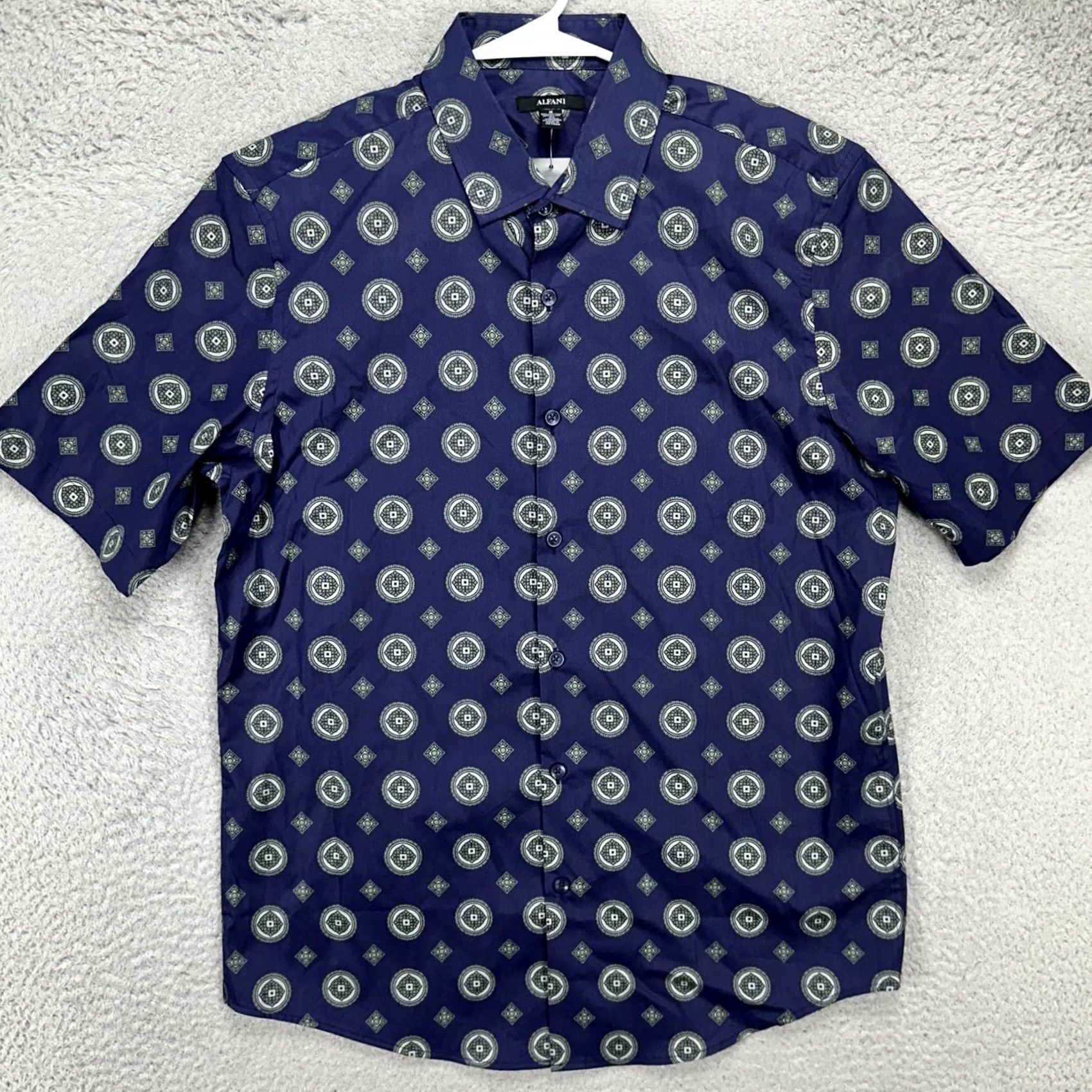 Alfani VINTAGE Alfani Shirt Button Up Mens Medium Blue Geometric Short Sleeve Nylon Blend NEW Size US M / EU 48-50 / 2 - 3 Thumbnail