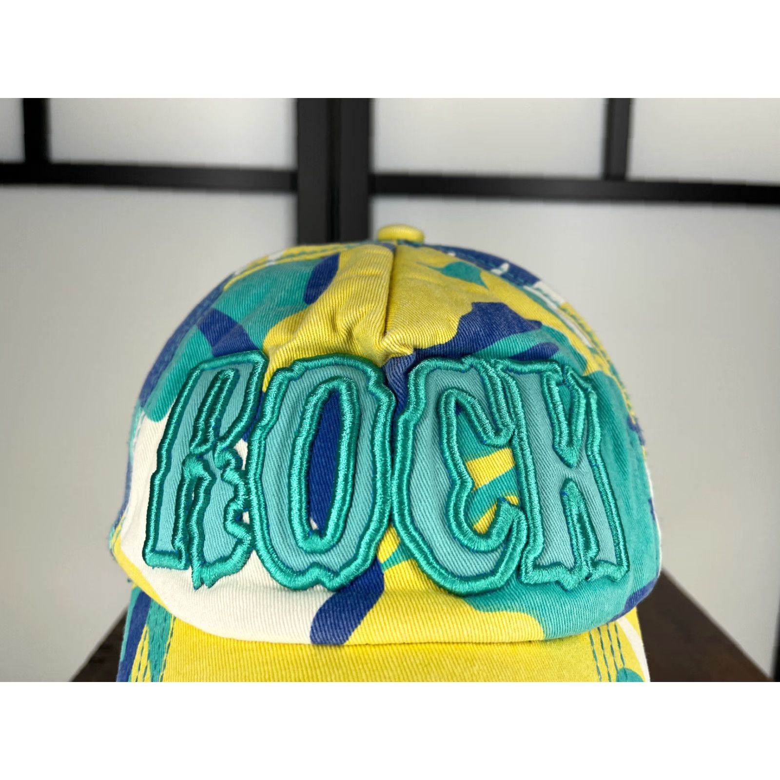 Vintage ROCK Hat Cap Strap Back Adult One Size Blue Yellow Embroidered Camo Cotton Size ONE SIZE - 2 Thumbnail