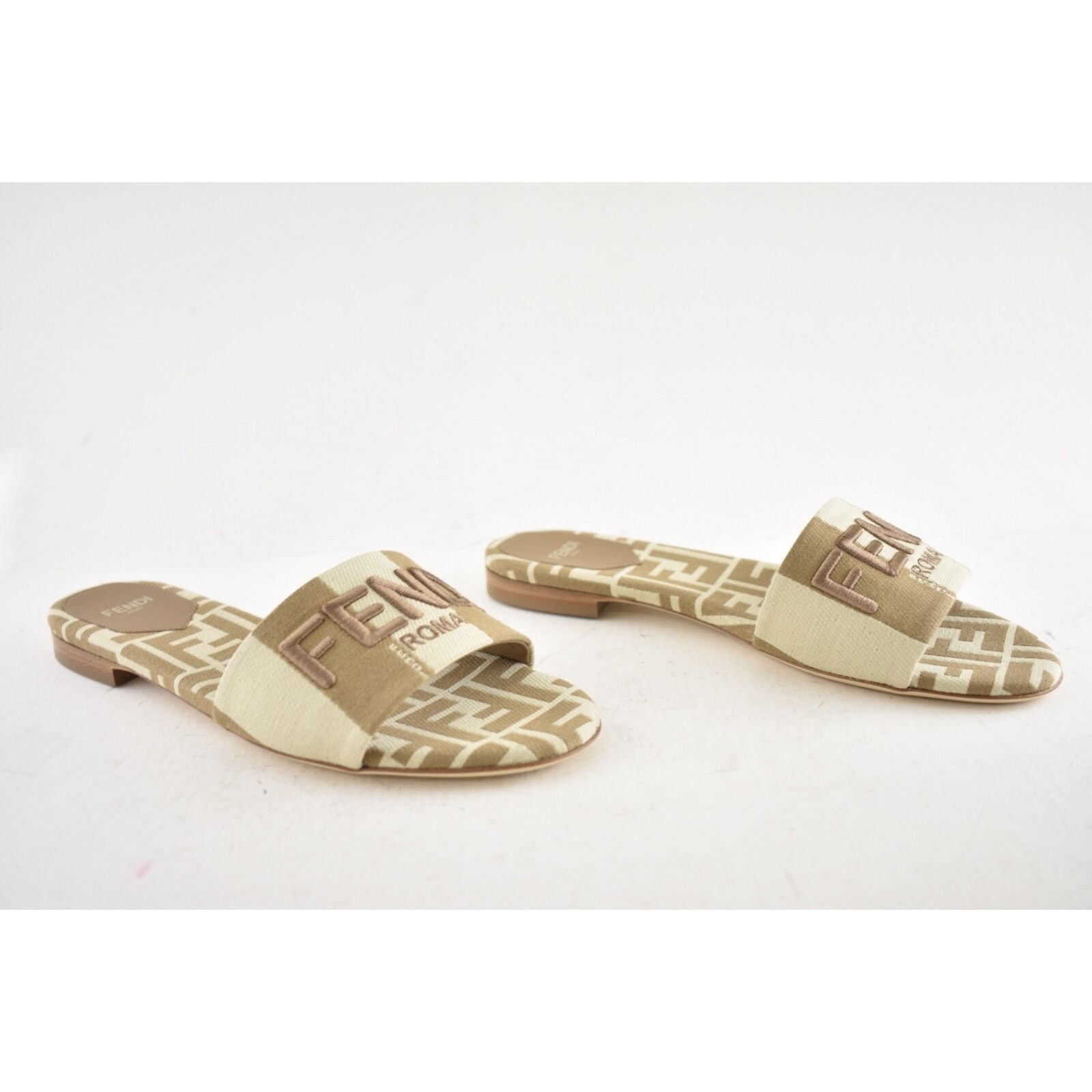 Fendi Fendi Beige Sand Striped FF Monogram Logo Mule Slide Flat Size US 8 / IT 38 - 6 Thumbnail