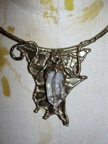 Designer Brass Sculpted Rock Quartz Crystal Necklace Collar Size ONE SIZE - 1 Thumbnail