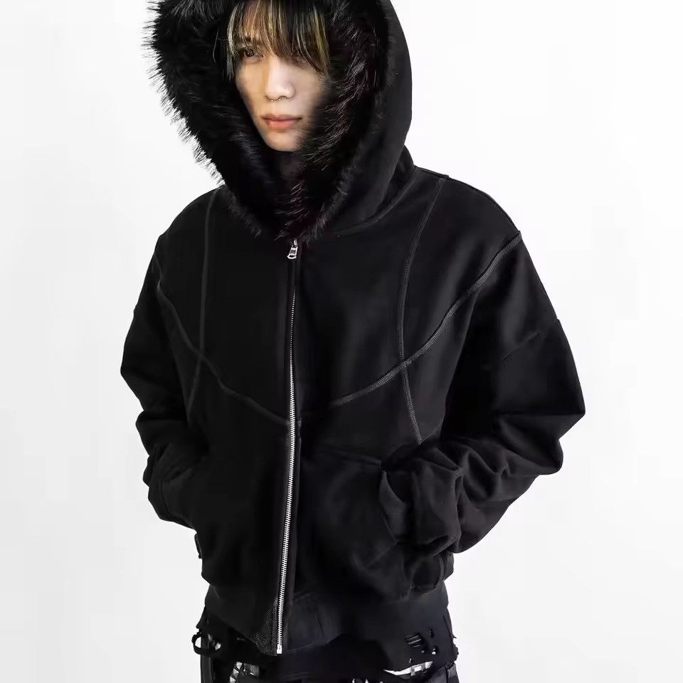 Japanese Brand Fashion Y2K Retro Ins Fur Hat Patchwork Striped Zip Hoodies Size US XL / EU 56 / 4 - 2 Thumbnail