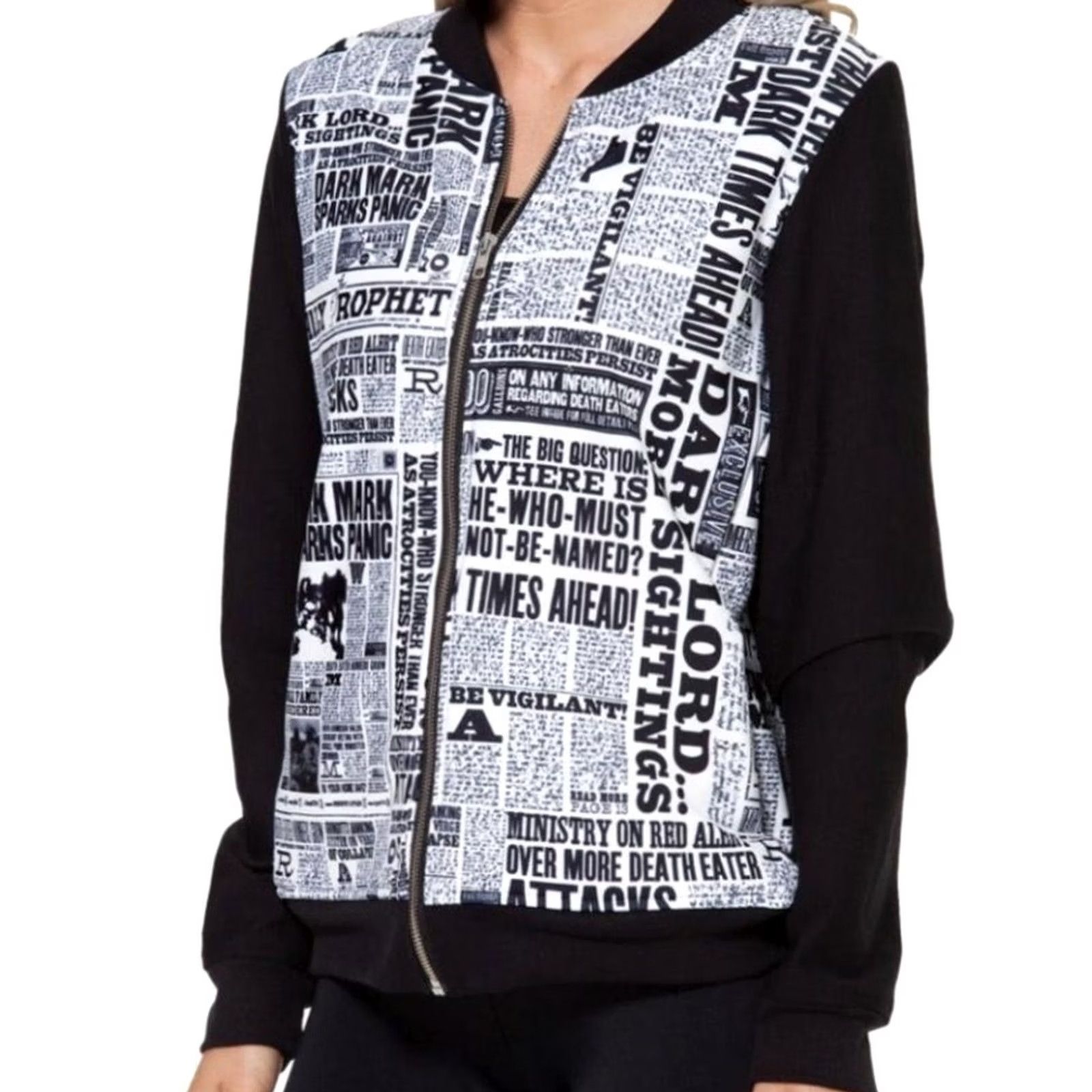 BlackMilk VINTAGE BlackMilk Jacket Womens S Black White Harry Potter Daily Prophet Zip Bomber Size S / US 4 / IT 40 - 2 Thumbnail