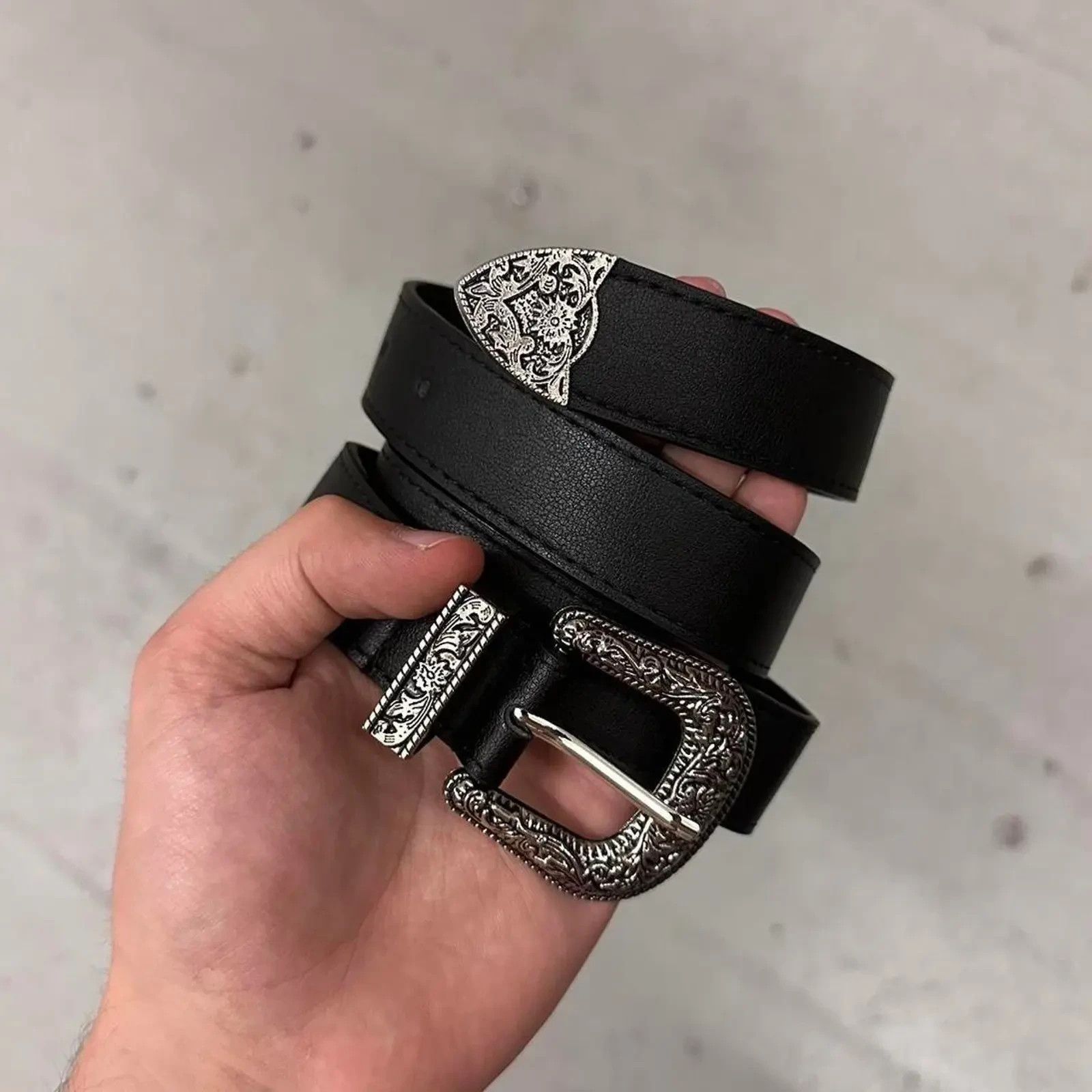 Other Black western style belt with silver engraved buckle MENS Size 30 - 3 Thumbnail