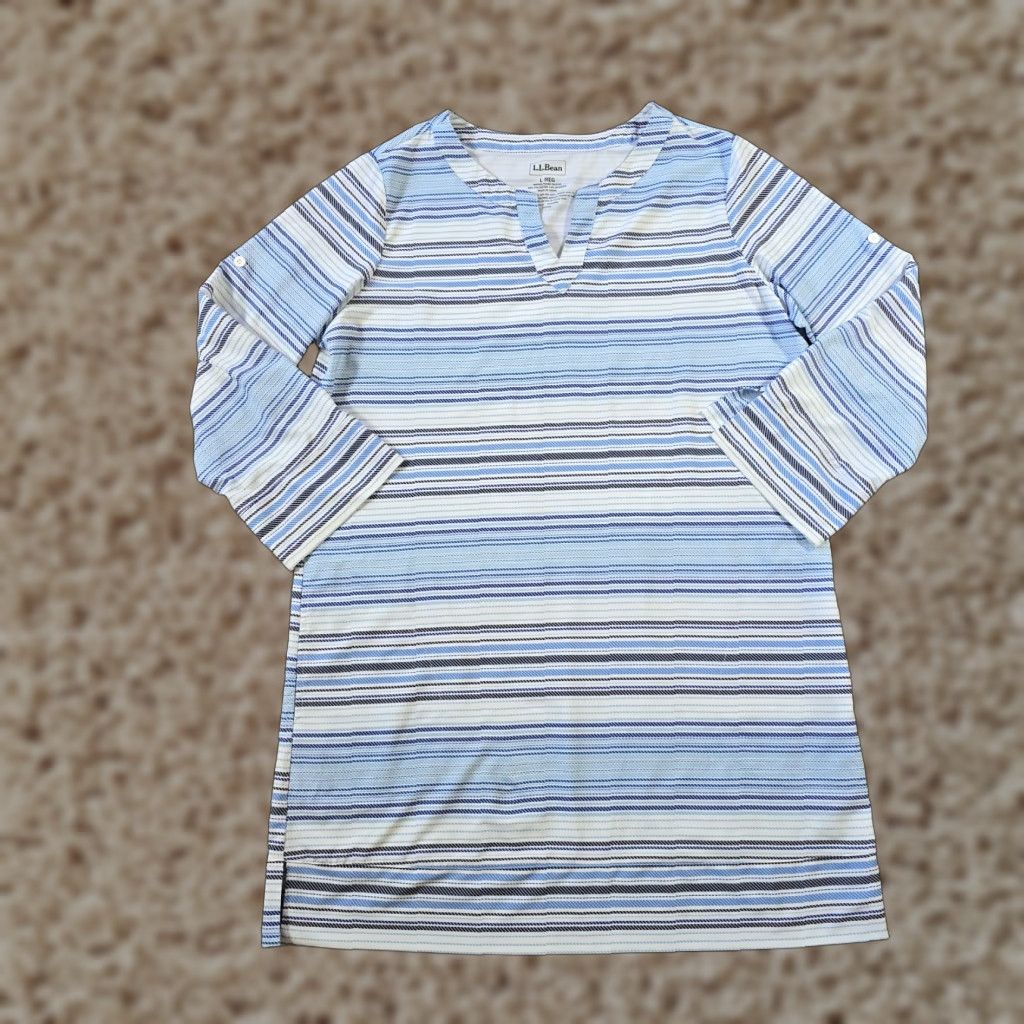 Vintage LL Bean Dress Womens Size Large Blue Striped Sheath Stretchy Performance Casual Size L / US 10 / IT 46 - 1 Thumbnail