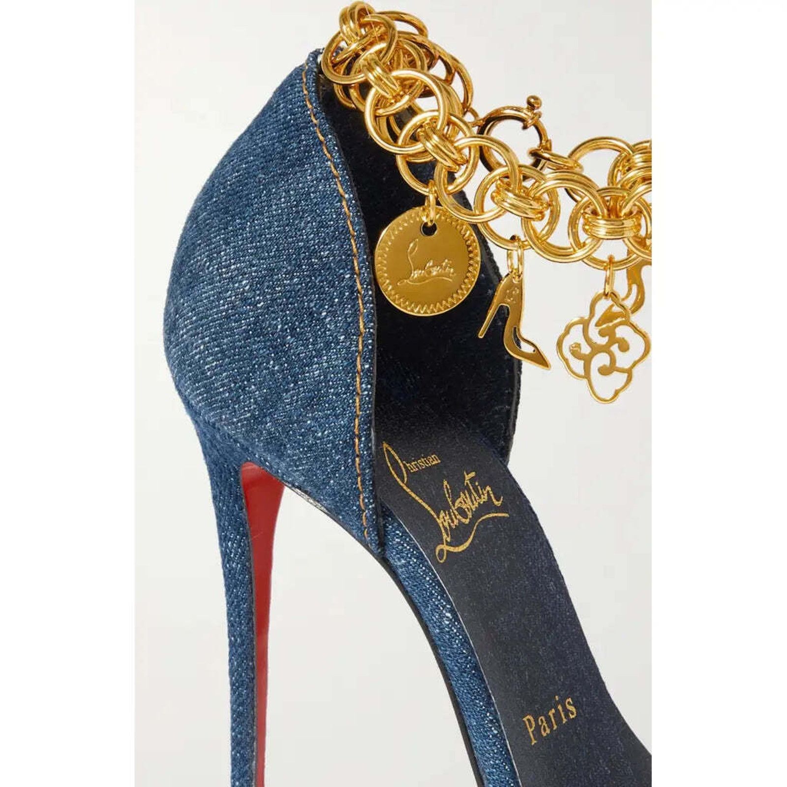 Christian Louboutin Gourmi Sandal 100 Denim Gold Charm Ankle Strap Heel Pump 36 Size US 6 / IT 36 - 5 Thumbnail