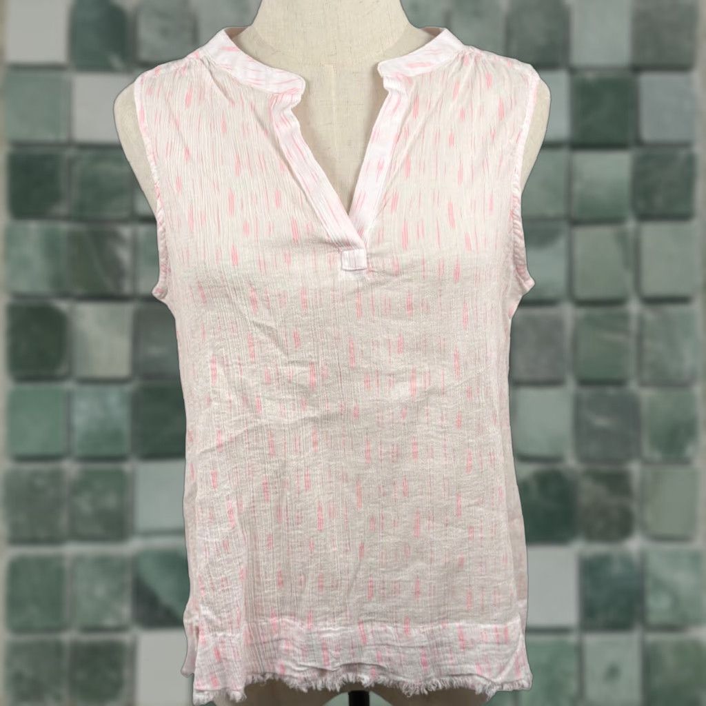 Vintage Carve Designs Dylan Sleeveless Blouse M Pink White Ikat Stripe Frayed Hem Coastal Bohemian Beach Summer Women Regular V-Neck Pullover Size M / US 6-8 / IT 42-44 - 1 Thumbnail