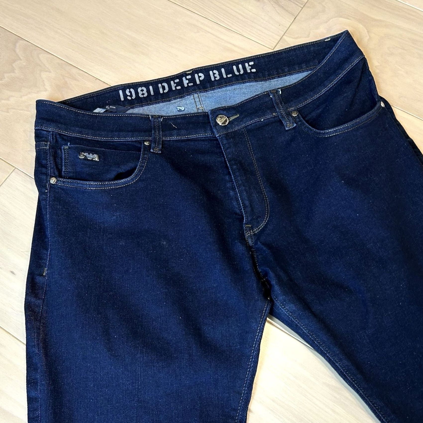 Vintage Emporio Armani Jeans 1981 Deep Blue Men’s 37 Denim Zip Slim 5-Pocket Mid Rise Logo Brand Clothing Mens Jeans Size US 37 - 2 Thumbnail