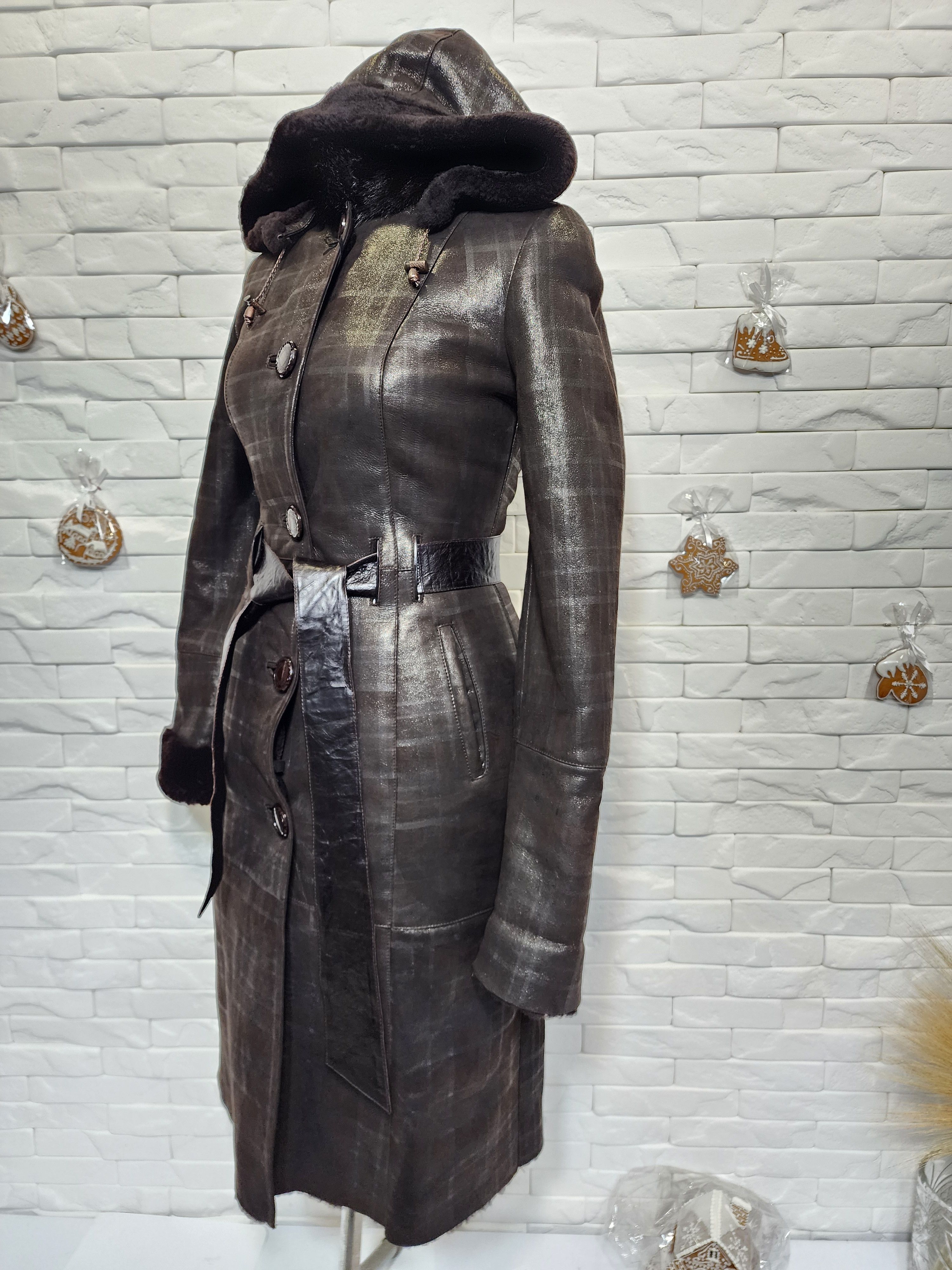 Furla Brown Sheepskin Coat with Hood: Belted Winter Outerwear Size S / US 4 / IT 40 - 2 Thumbnail