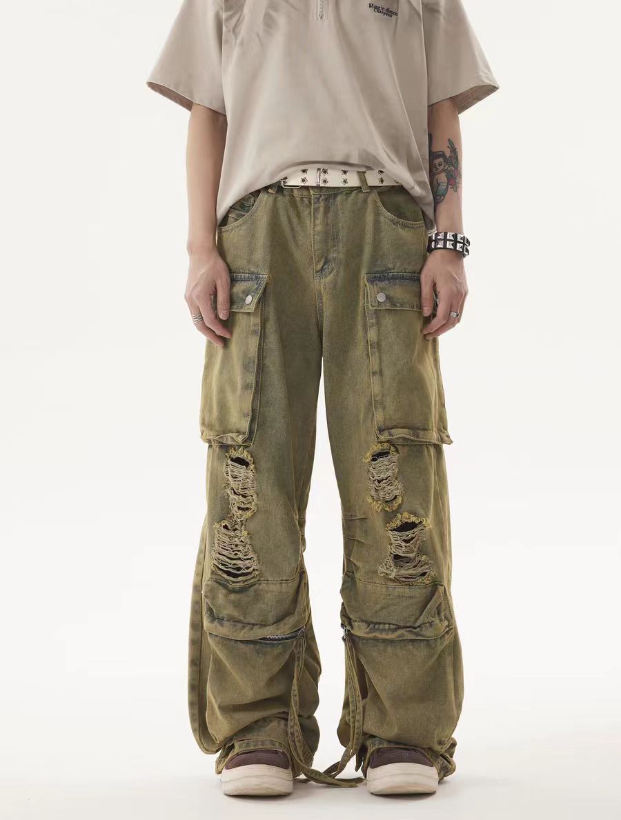 Washed vintage yellow clay-dyed distressed street jeans