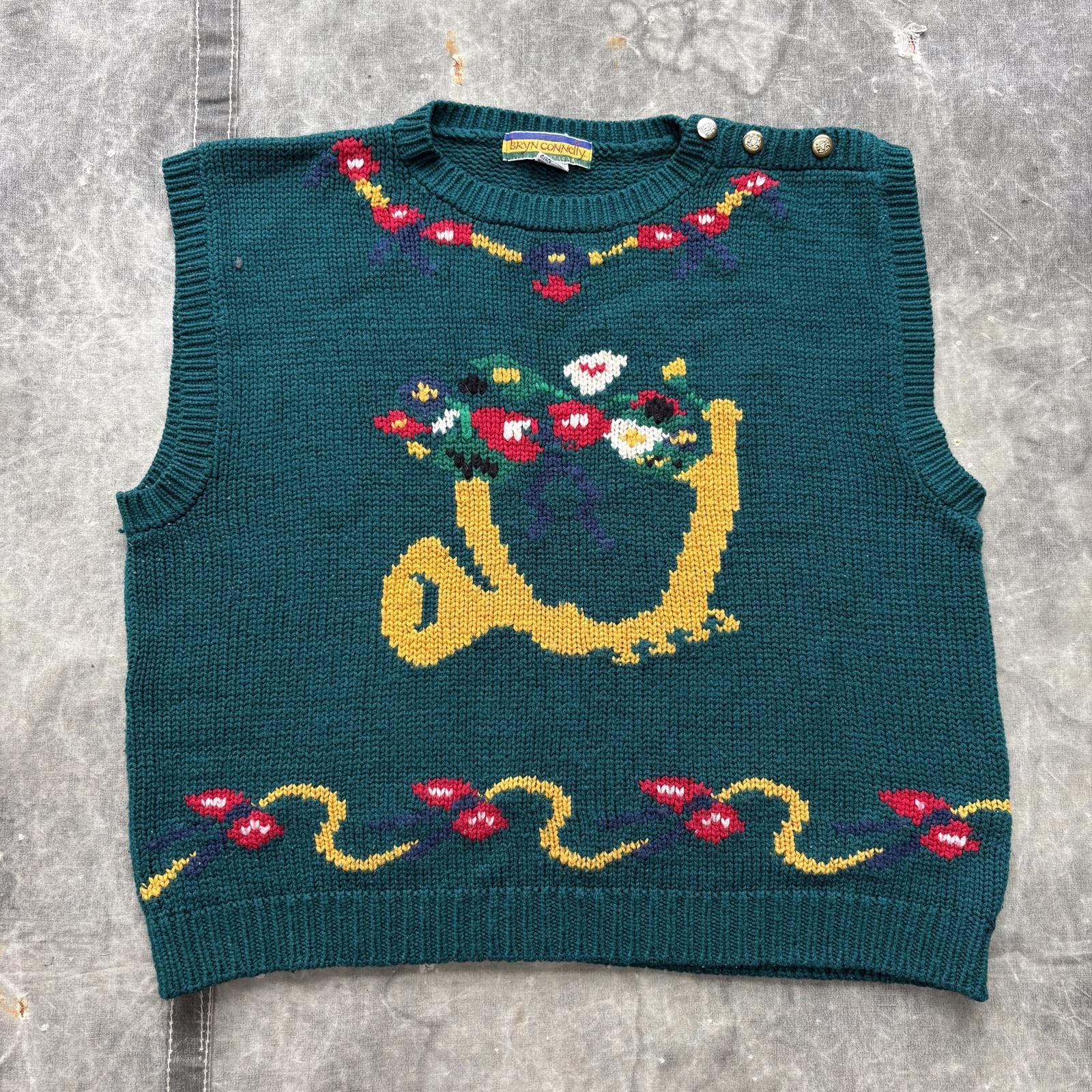 Vintage Vintage 80s Unique Green Instrument Floral Knit Sweater Vest Size L / US 10 / IT 46 - 1 Thumbnail