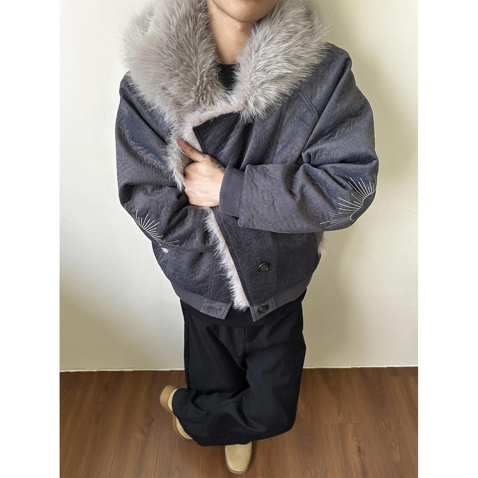 Japanese Brand Gray Faux Fur Collar Bomber Jacket, Men's Outerwear Size US M / EU 48-50 / 2 - 5 Thumbnail