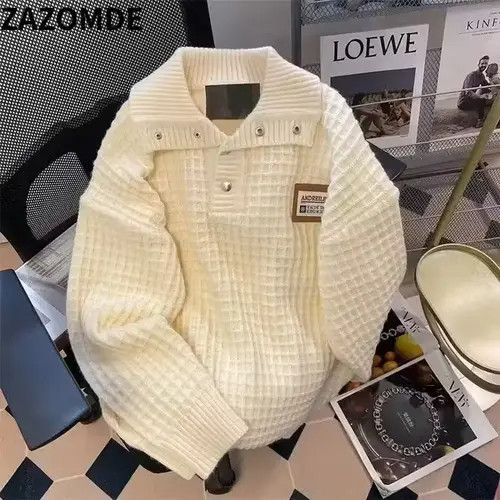 image of Streetwear Vintage New Pullover Turn-Down Collar Sweater in White, Men's (Size Large)