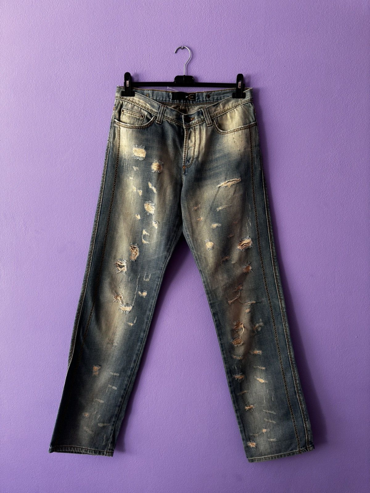 image of Archival Clothing x Just Cavalli 00's Cavalli Crazy Distressed Washed Denim Jeans in Light Brown (S