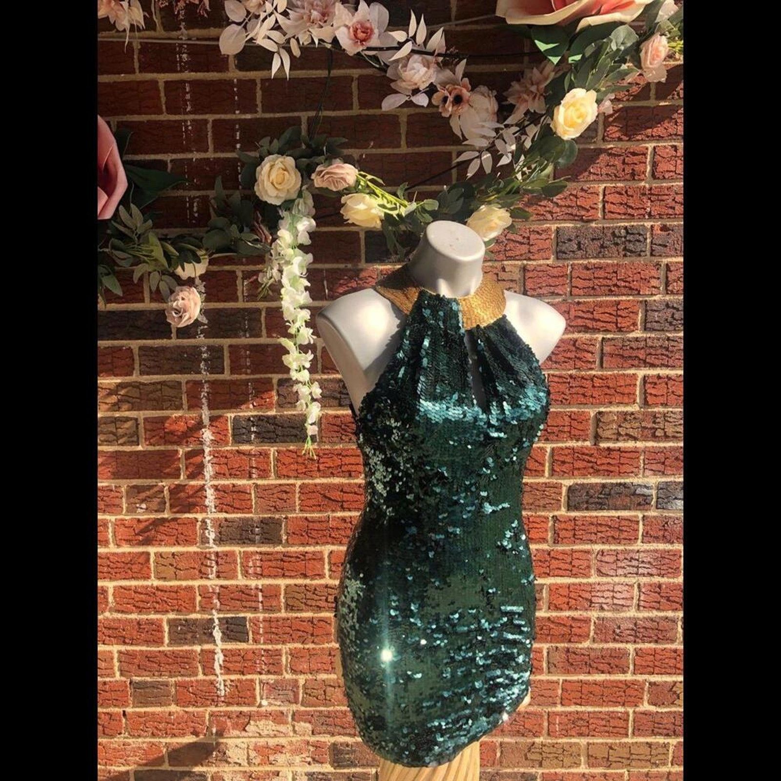 & Other Stories Dress Gown Wedding Green sequin Gold beaded collar halter Size S / US 4 / IT 40 - 2 Thumbnail