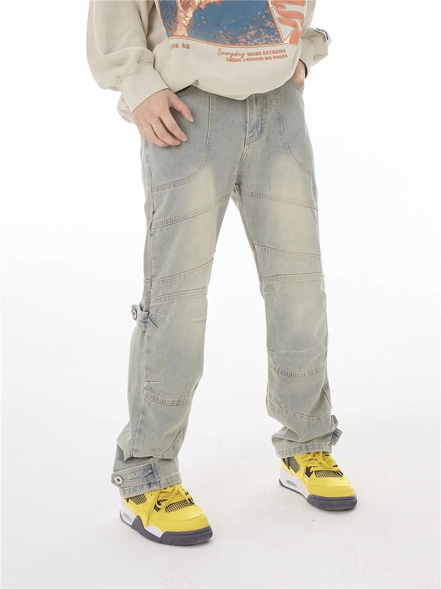 image of Loose Fitting Straight Leg Patchwork Jeans in Blue, Men's (Size 32)