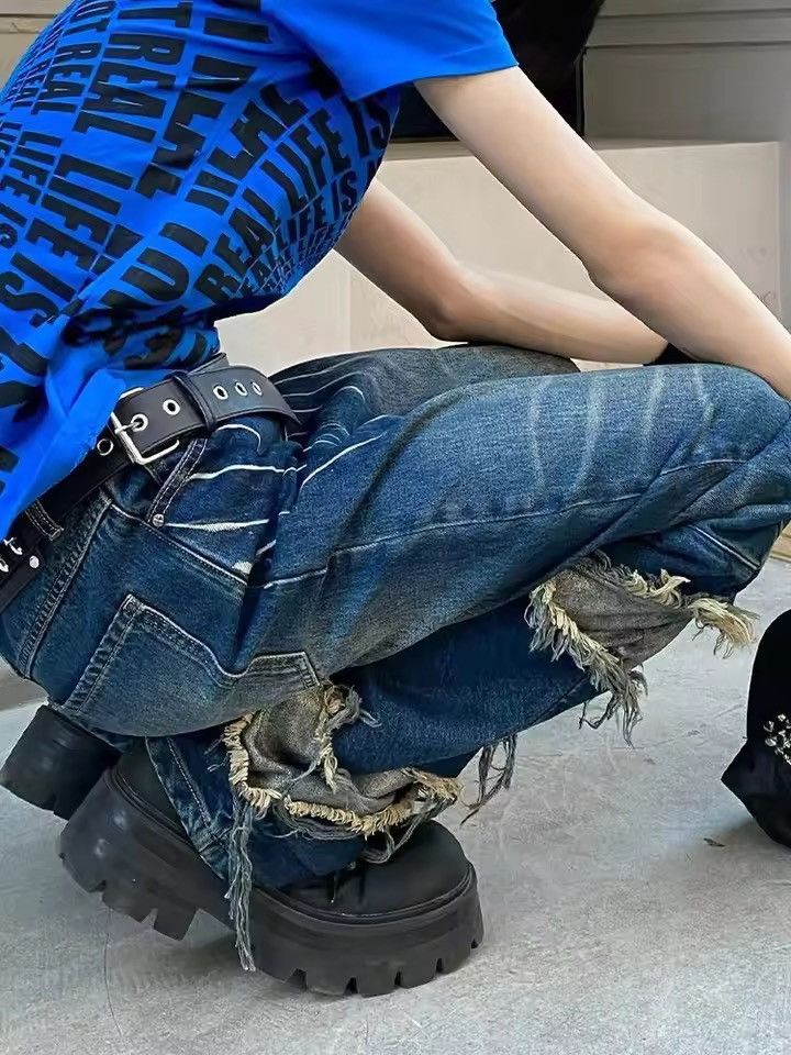 Japanese Brand Retro Y2K Style Patchwork Blue Baggy Stacked Jeans Size 28" / US 6 / IT 42 - 7 Thumbnail