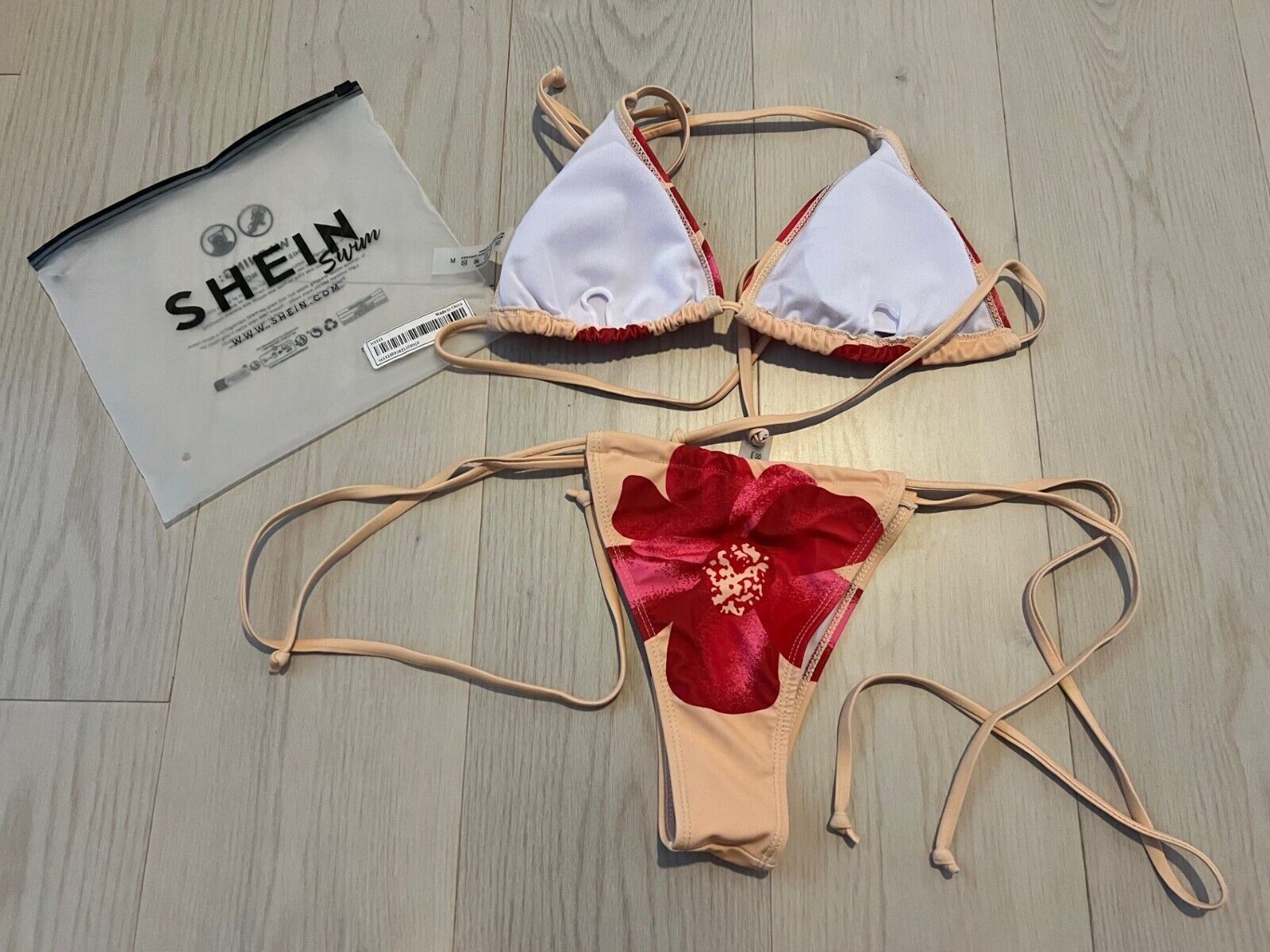 Shein Shein Swim Floral Side Tie Bikini Set Red Beige ( M ) Size 30" / US 8 / IT 44 - 2 Thumbnail