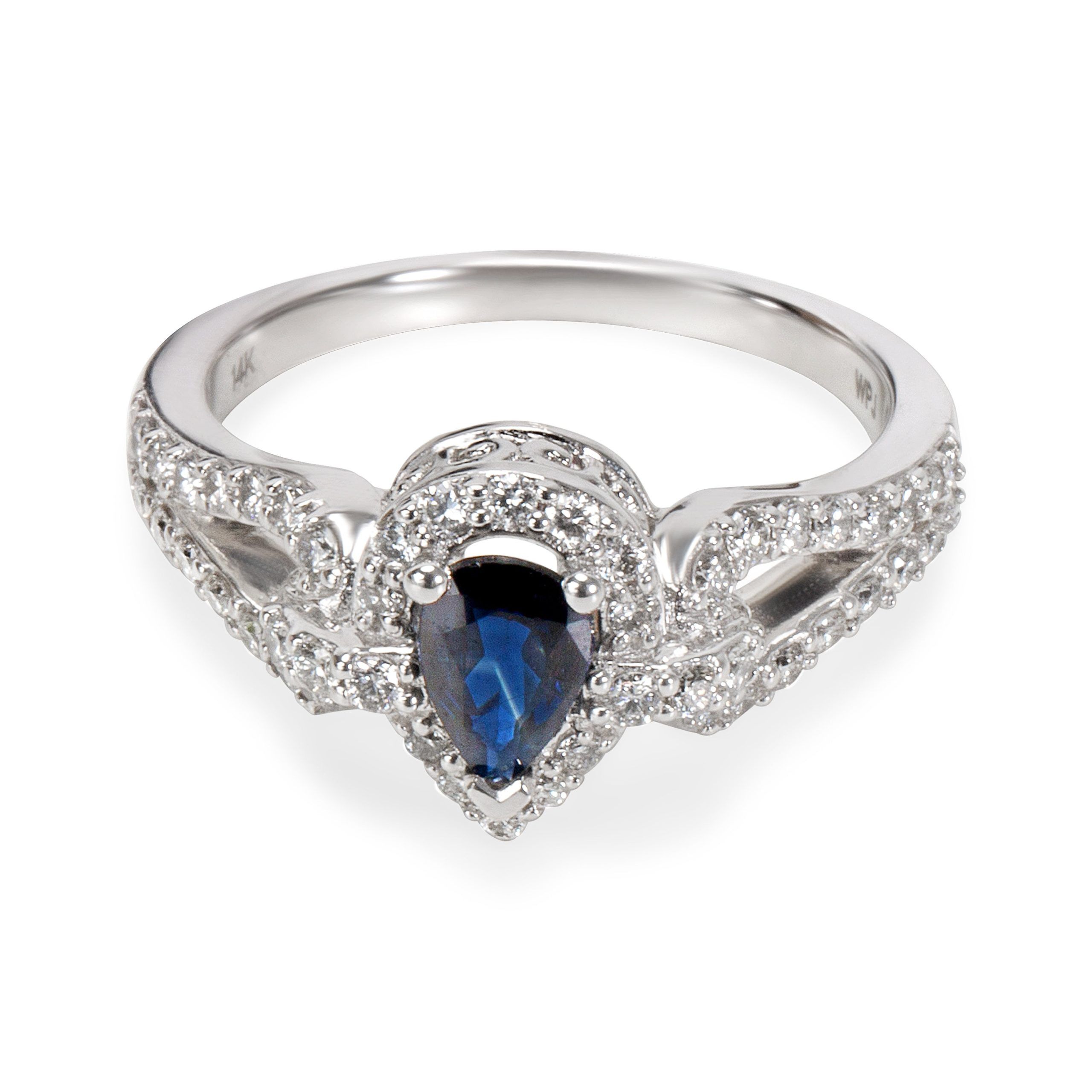 image of Tiffany Co Diamond Halo Pear Shape Sapphire Ring 14K White Gold (0.50 Ctw), Women's